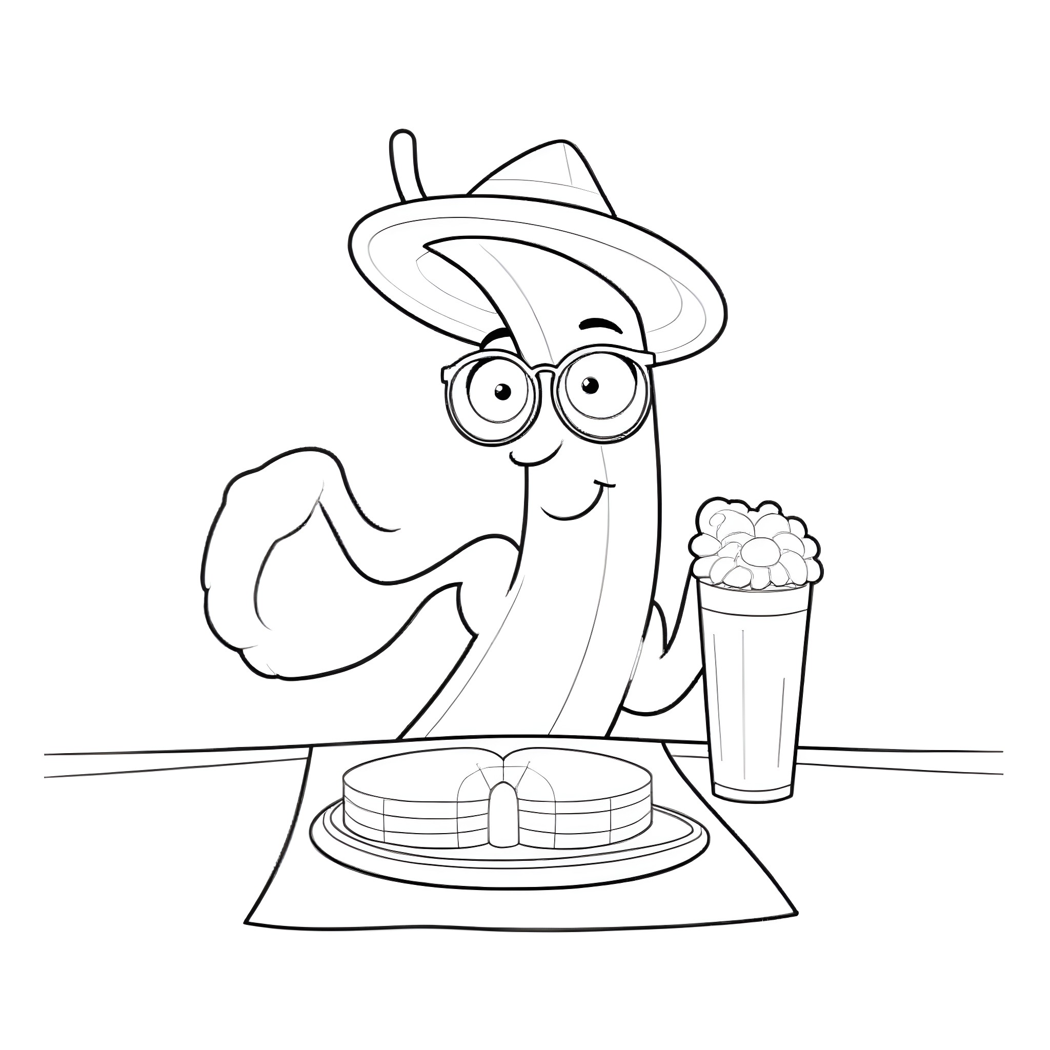 Banana character enjoying pancakes and a milkshake Coloring Page (free black-and-white line drawing printable PDF for all, from beginners to advanced learners, including children, teens, adults, and seniors)