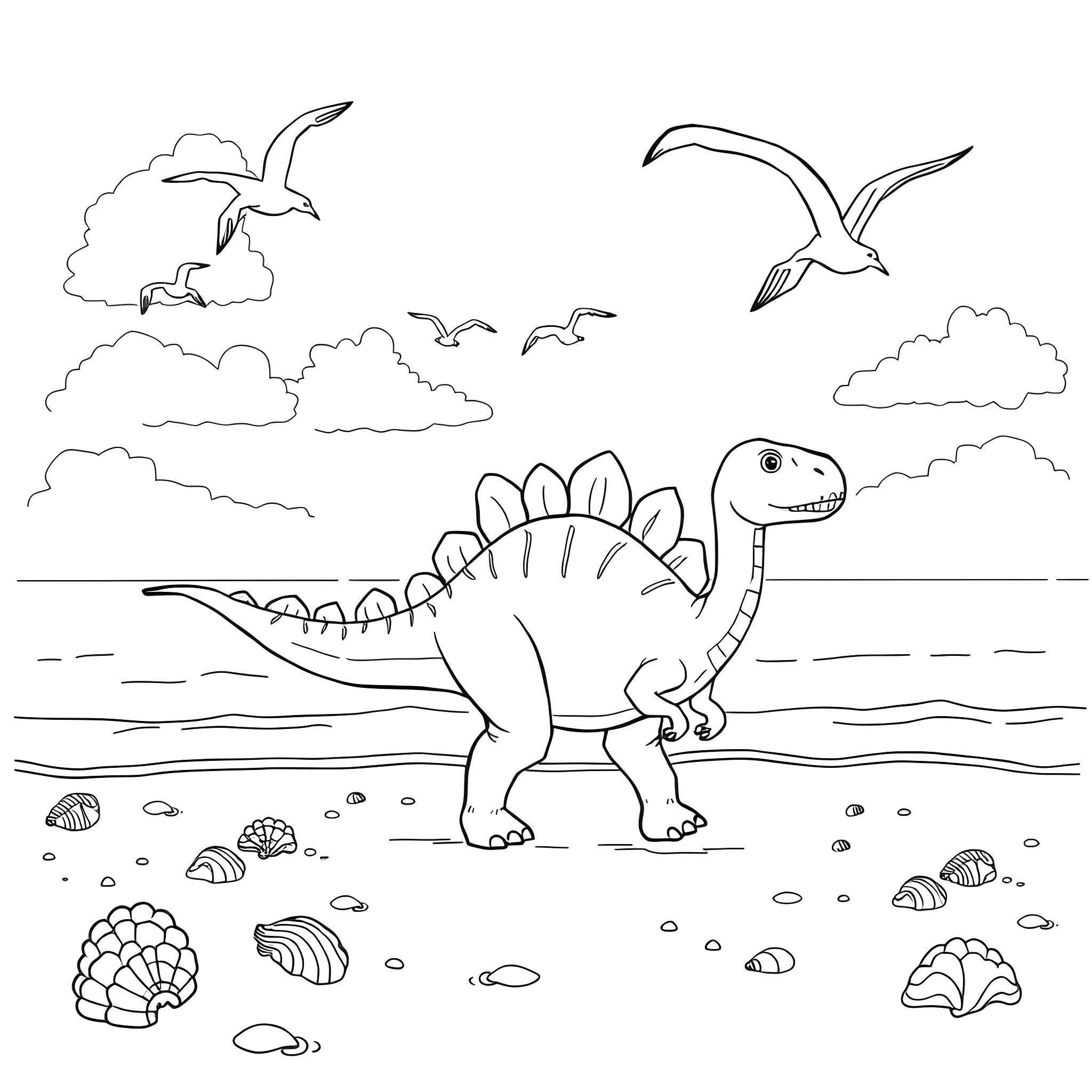 Dinosaur exploring the prehistoric landscape Coloring Page (free black-and-white line drawing printable PDF for all, from beginners to advanced learners, including children, teens, adults, and seniors)