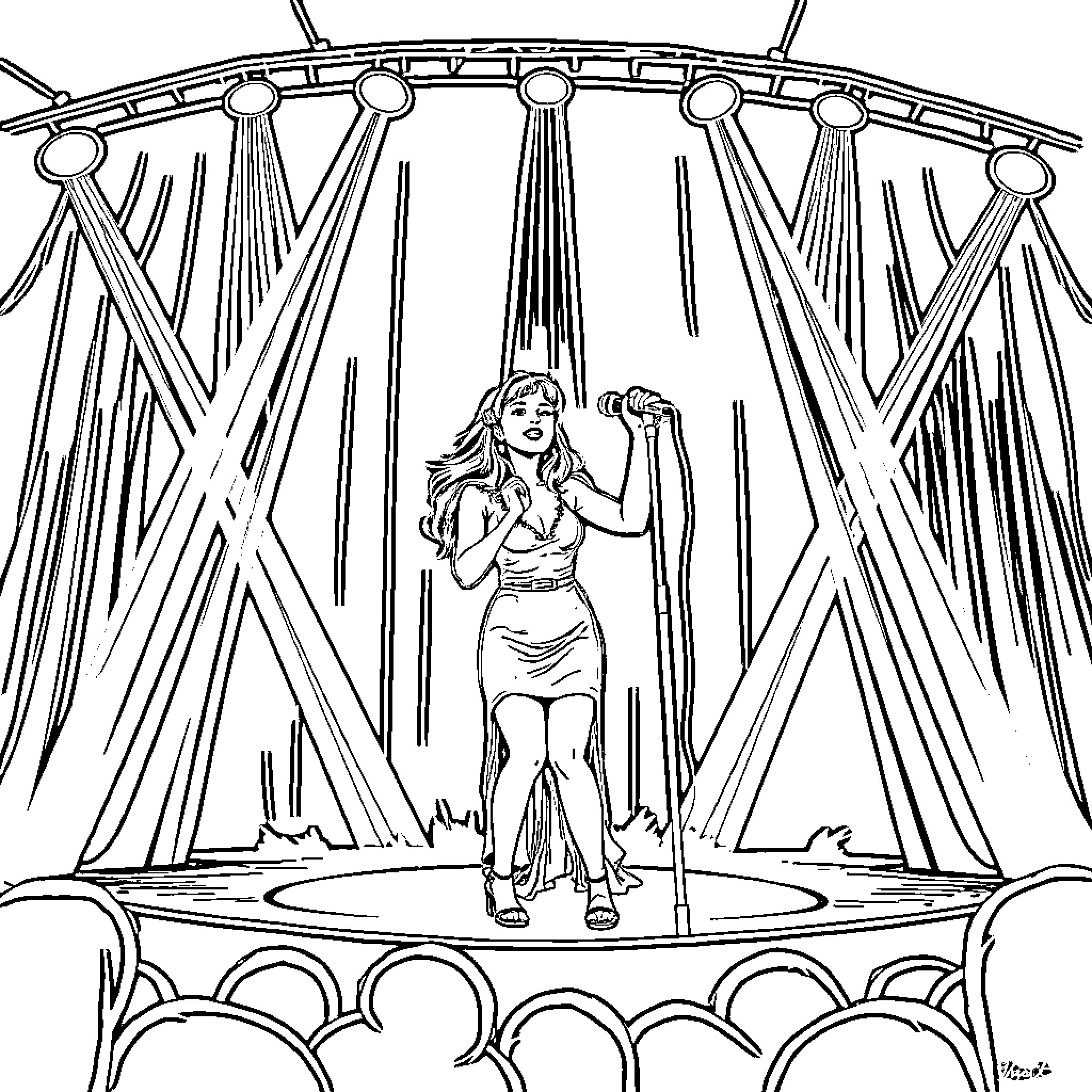 Madison Beer performing on stage with dramatic lighting Coloring Page (free black-and-white line drawing printable PDF for all, from beginners to advanced learners, including children, teens, adults, and seniors)