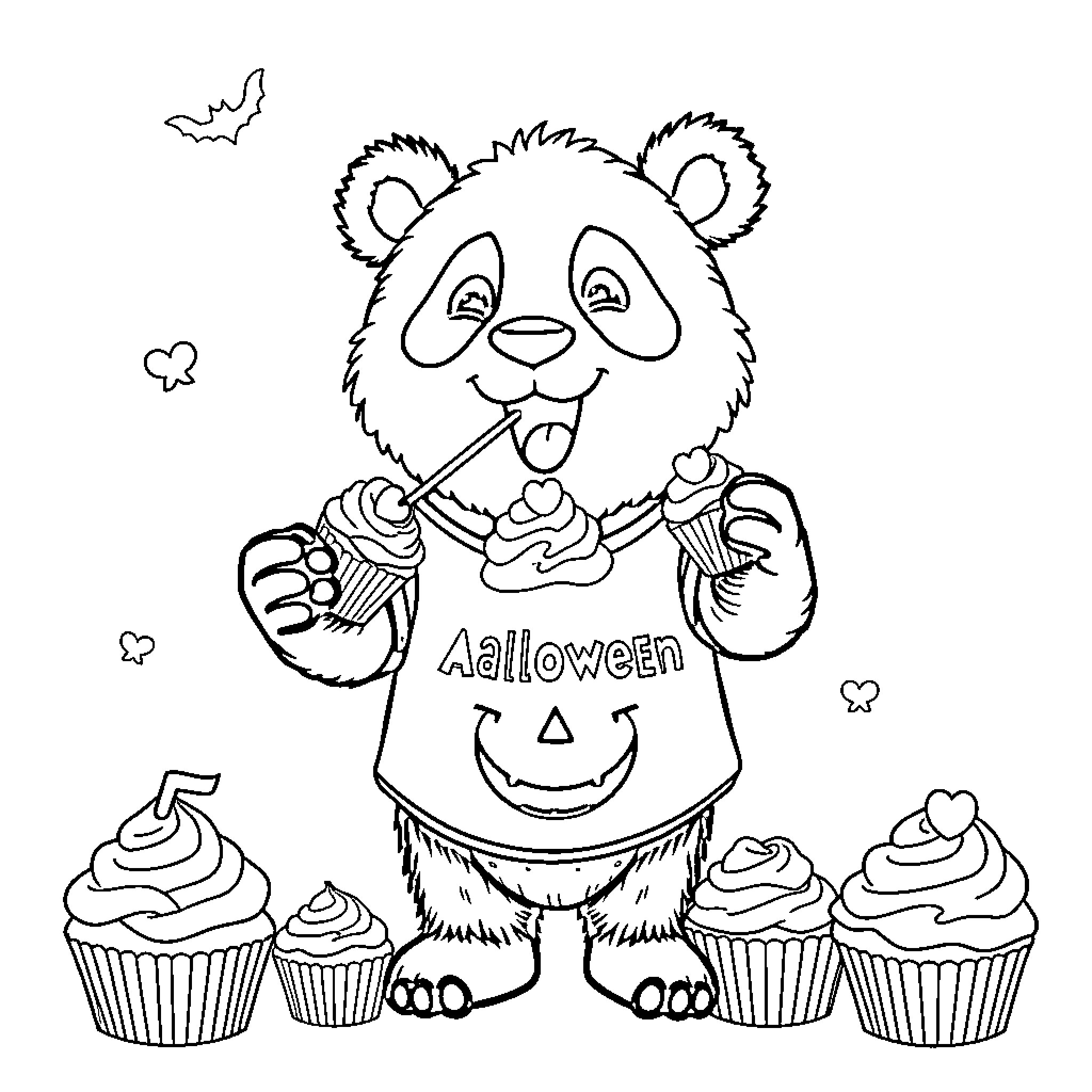 Panda enjoying Halloween treats and cupcakes Coloring Page (free black-and-white line drawing printable PDF for all, from beginners to advanced learners, including children, teens, adults, and seniors)