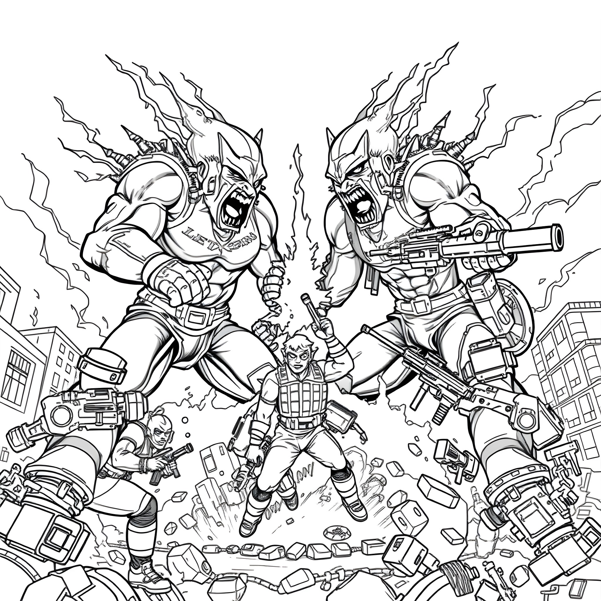 Mutant Titans Clash in Explosive City Battle Coloring Page (free black-and-white line drawing printable PDF for all, from beginners to advanced learners, including children, teens, adults, and seniors)