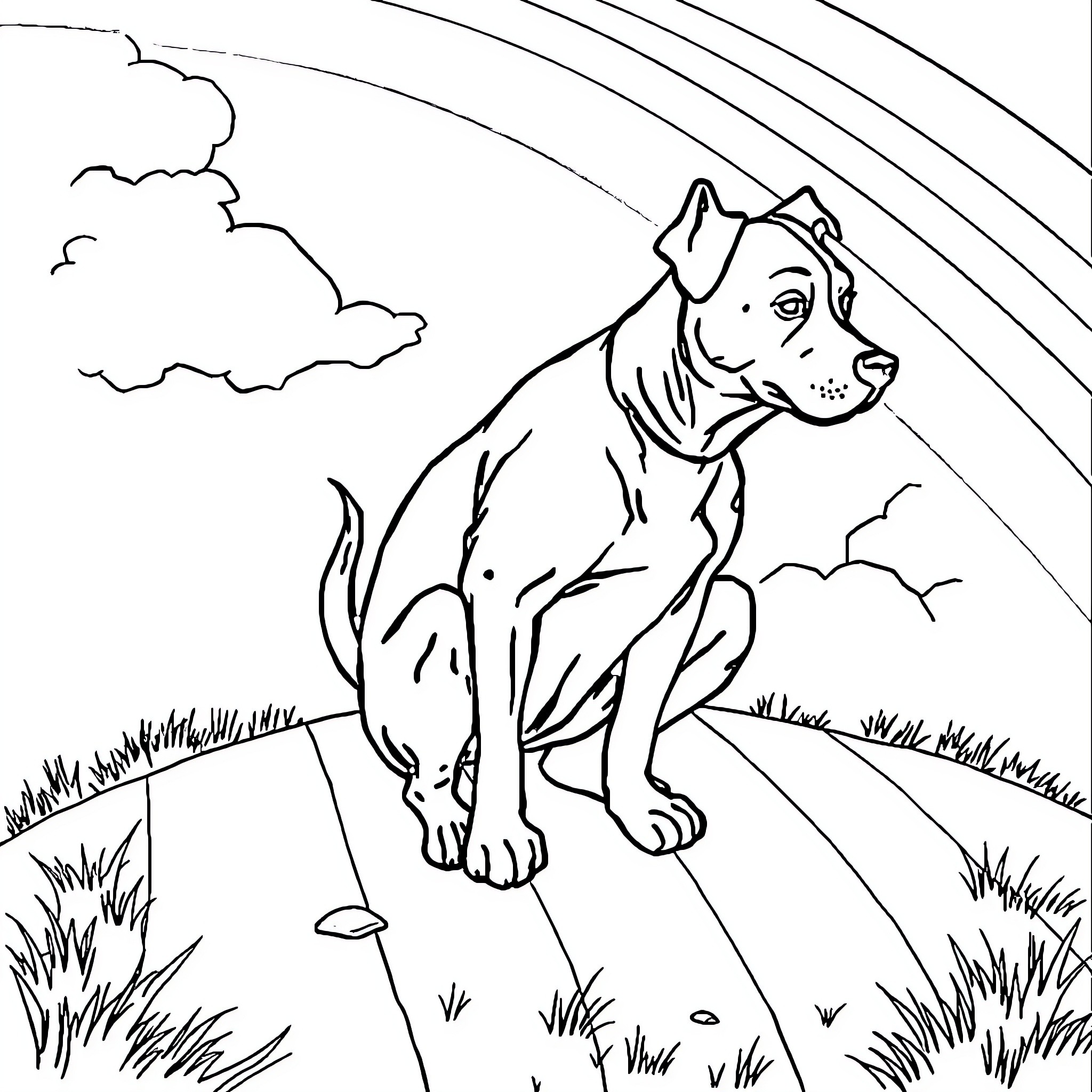 Dog sitting on the grass under a rainbow Coloring Page (free black-and-white line drawing printable PDF for all, from beginners to advanced learners, including children, teens, adults, and seniors)