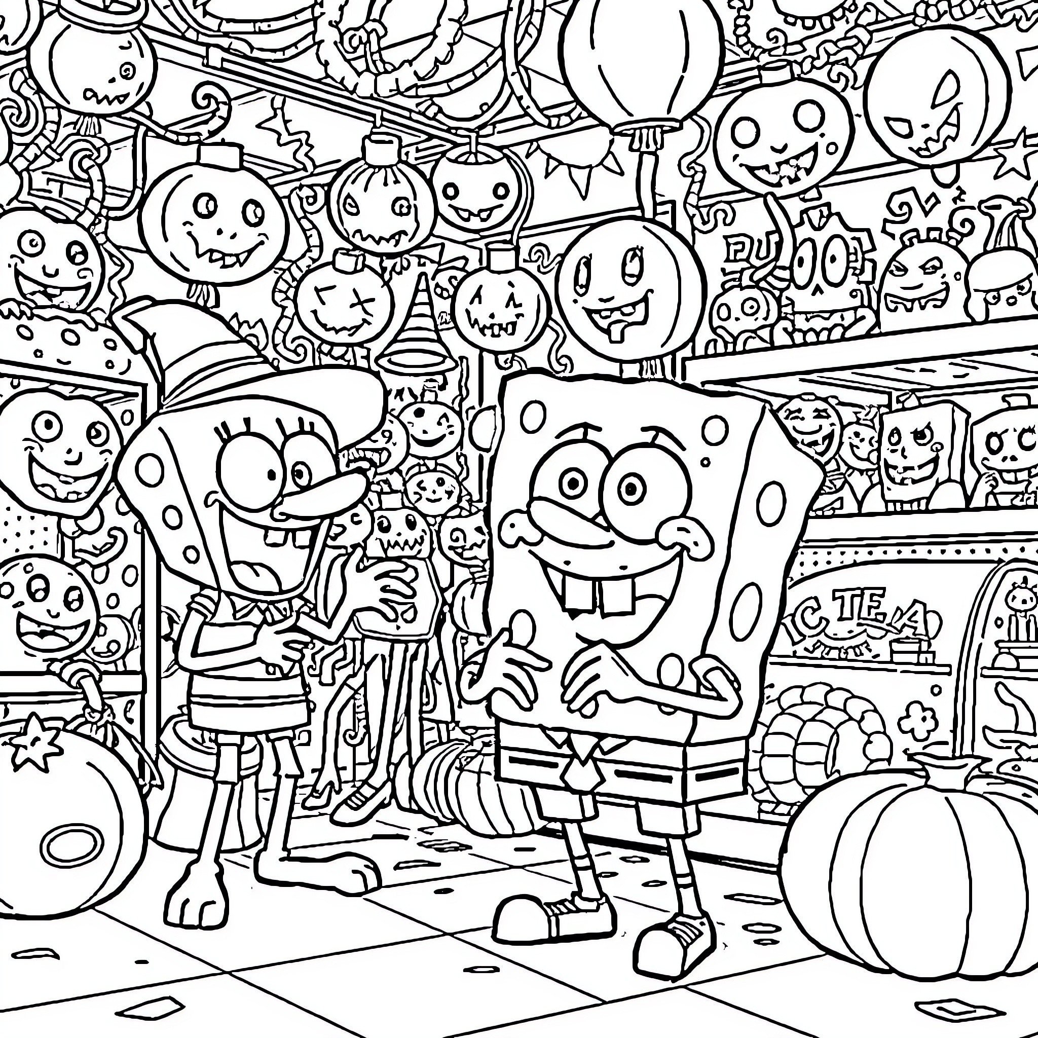 Spongebob and friends in a whimsical Halloween scene Coloring Page (free black-and-white line drawing printable PDF for all, from beginners to advanced learners, including children, teens, adults, and seniors)