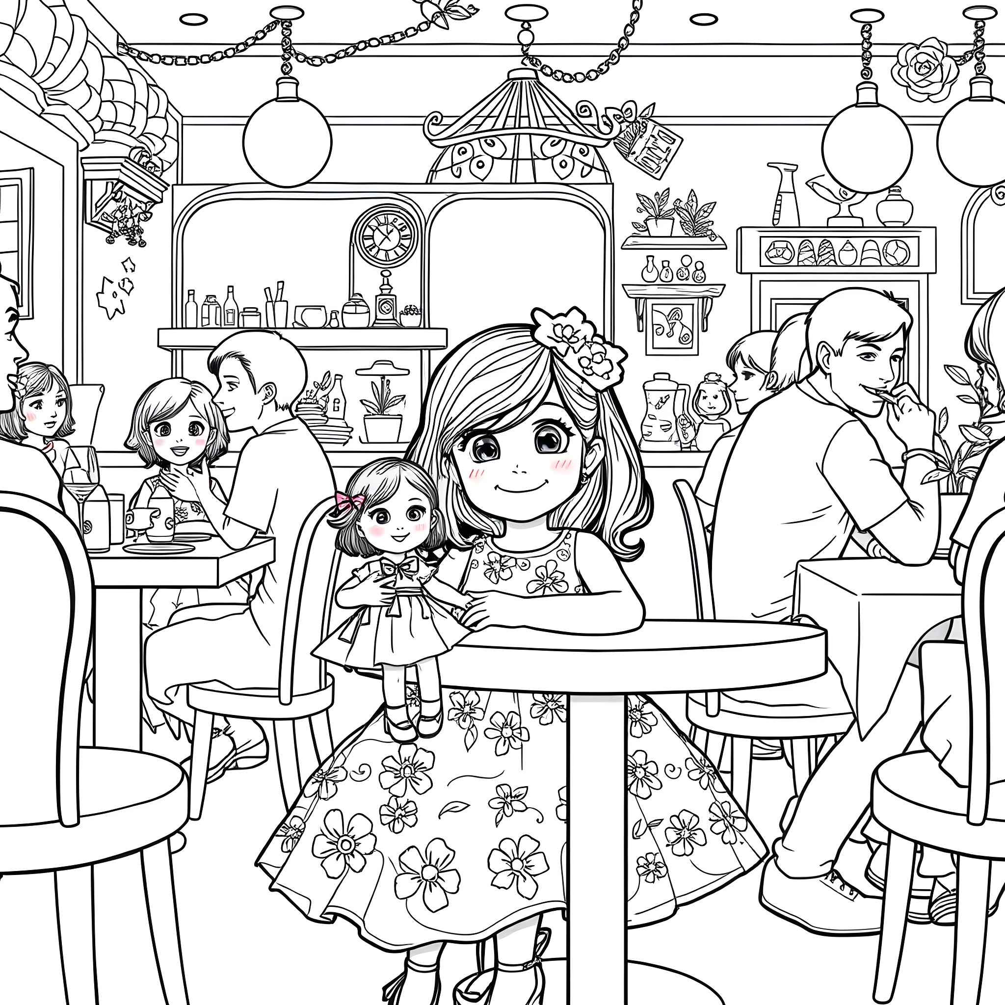 Girl enjoying tea party with friends in a cafe Coloring Page (free black-and-white line drawing printable PDF for all, from beginners to advanced learners, including children, teens, adults, and seniors)