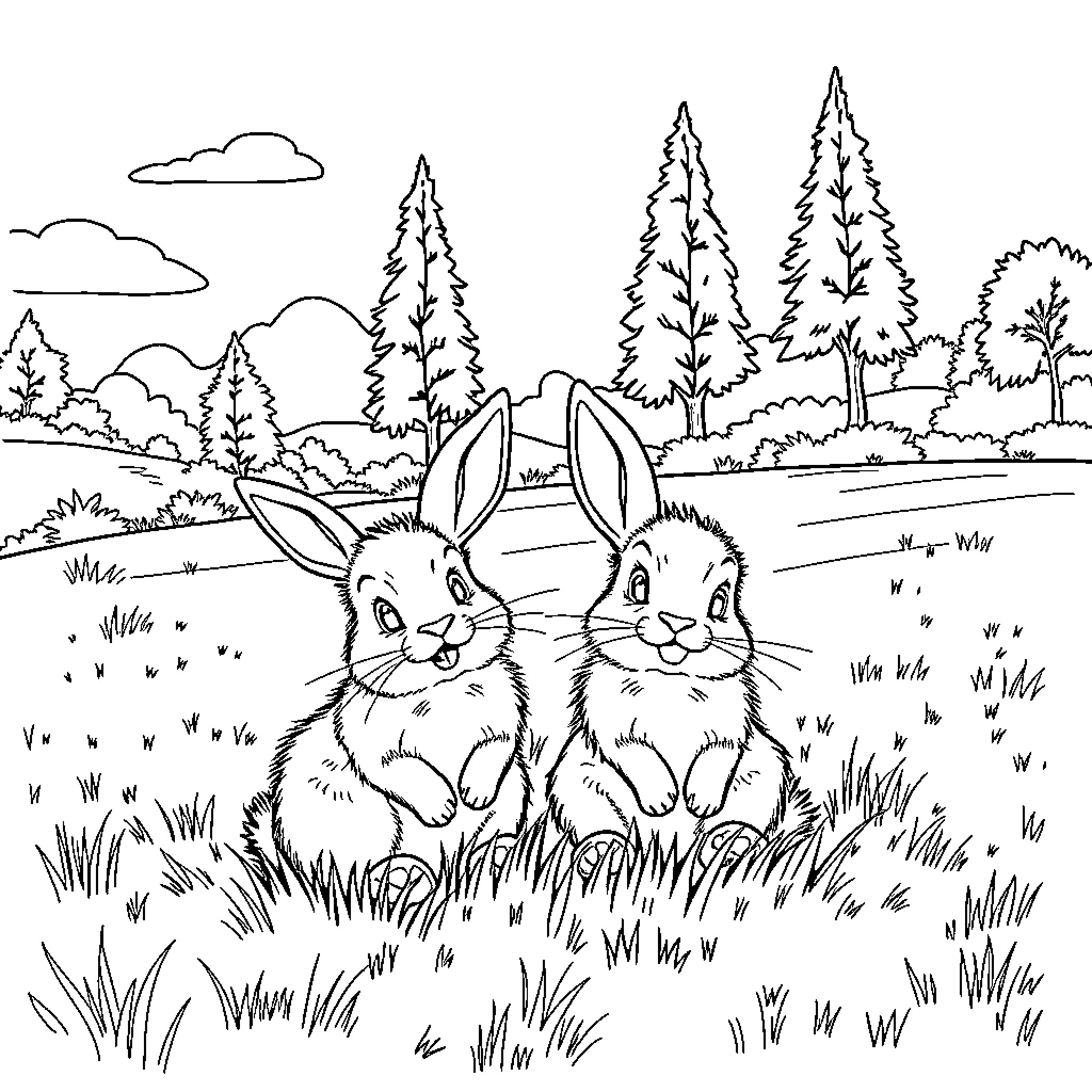 Rabbit friends enjoying nature in the forest Coloring Page (free black-and-white line drawing printable PDF for all, from beginners to advanced learners, including children, teens, adults, and seniors)