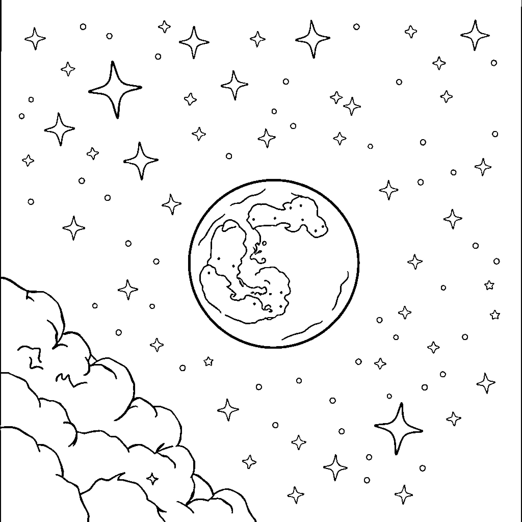 Moon and Stars in the Night Sky Coloring Page (free black-and-white line drawing printable PDF for all, from beginners to advanced learners, including children, teens, adults, and seniors)