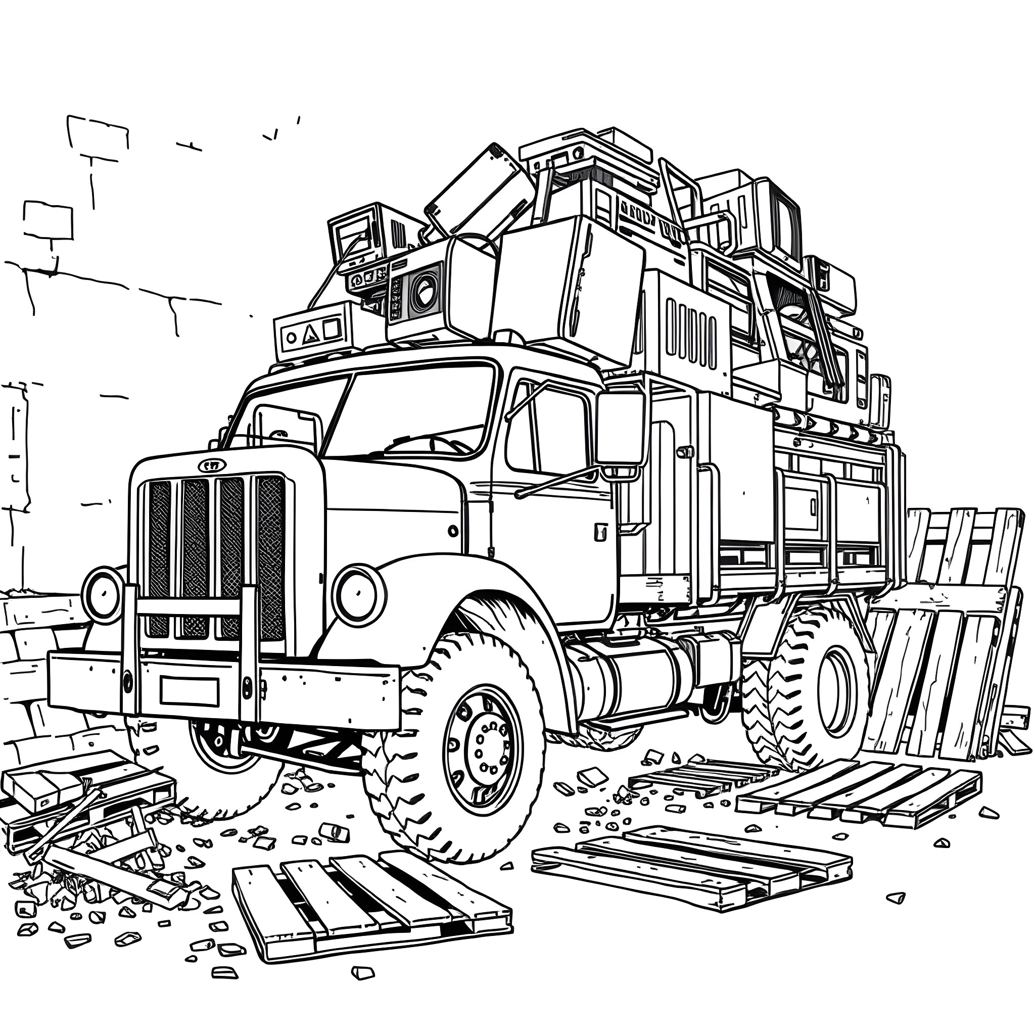 Truck transporting construction equipment on rough terrain Coloring Page (free black-and-white line drawing printable PDF for all, from beginners to advanced learners, including children, teens, adults, and seniors)