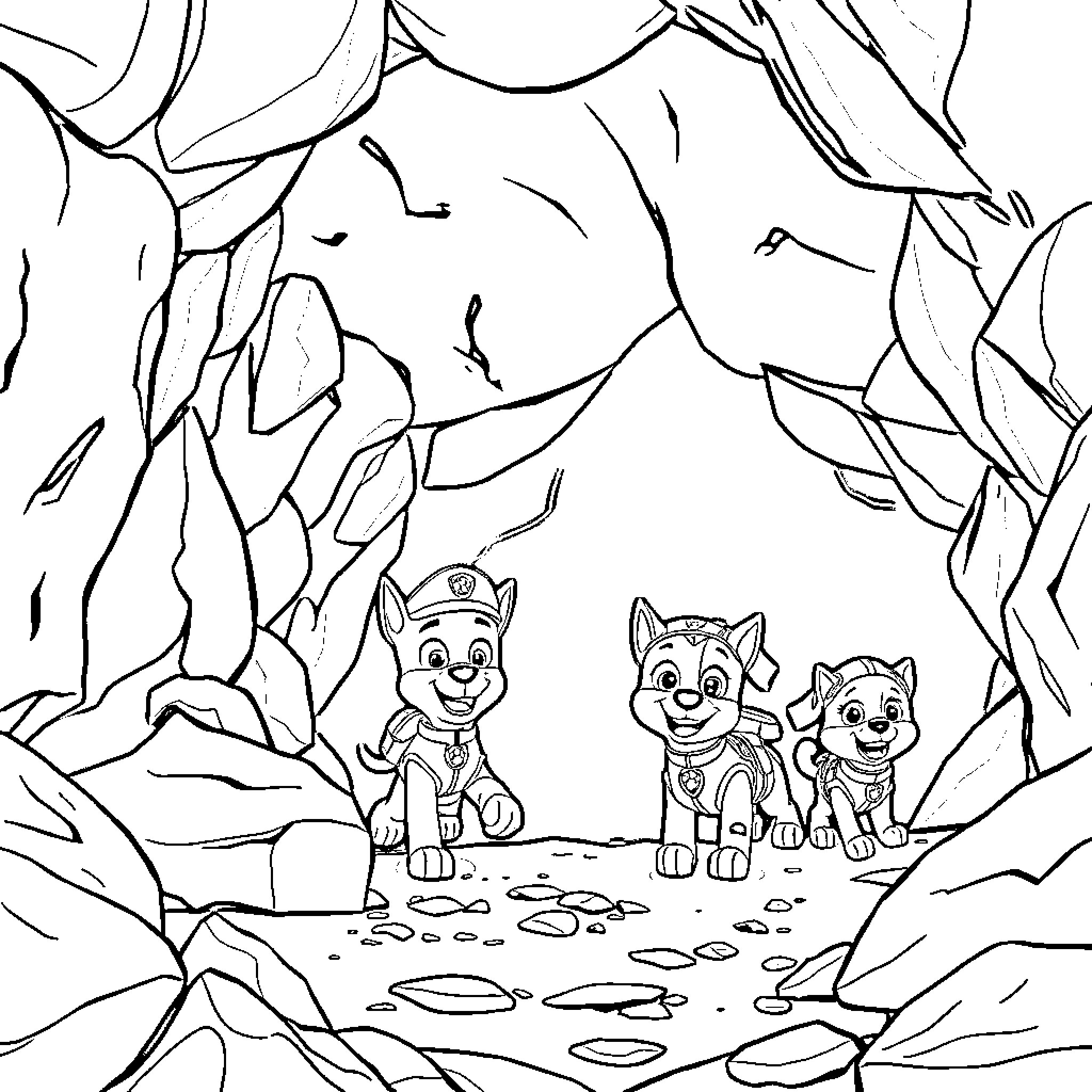 Paw Patrol pups explore adventurous cave scene Coloring Page (free black-and-white line drawing printable PDF for all, from beginners to advanced learners, including children, teens, adults, and seniors)