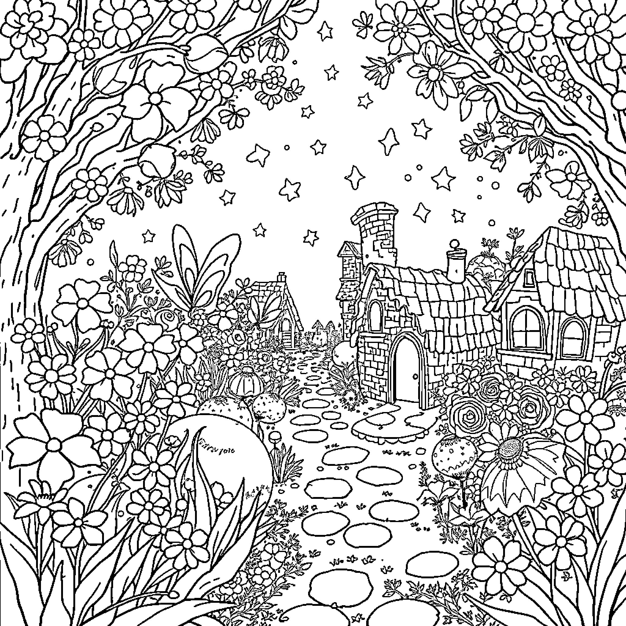 Fairy Tale Castle in Blooming Garden Coloring Page (free black-and-white line drawing printable PDF for all, from beginners to advanced learners, including children, teens, adults, and seniors)