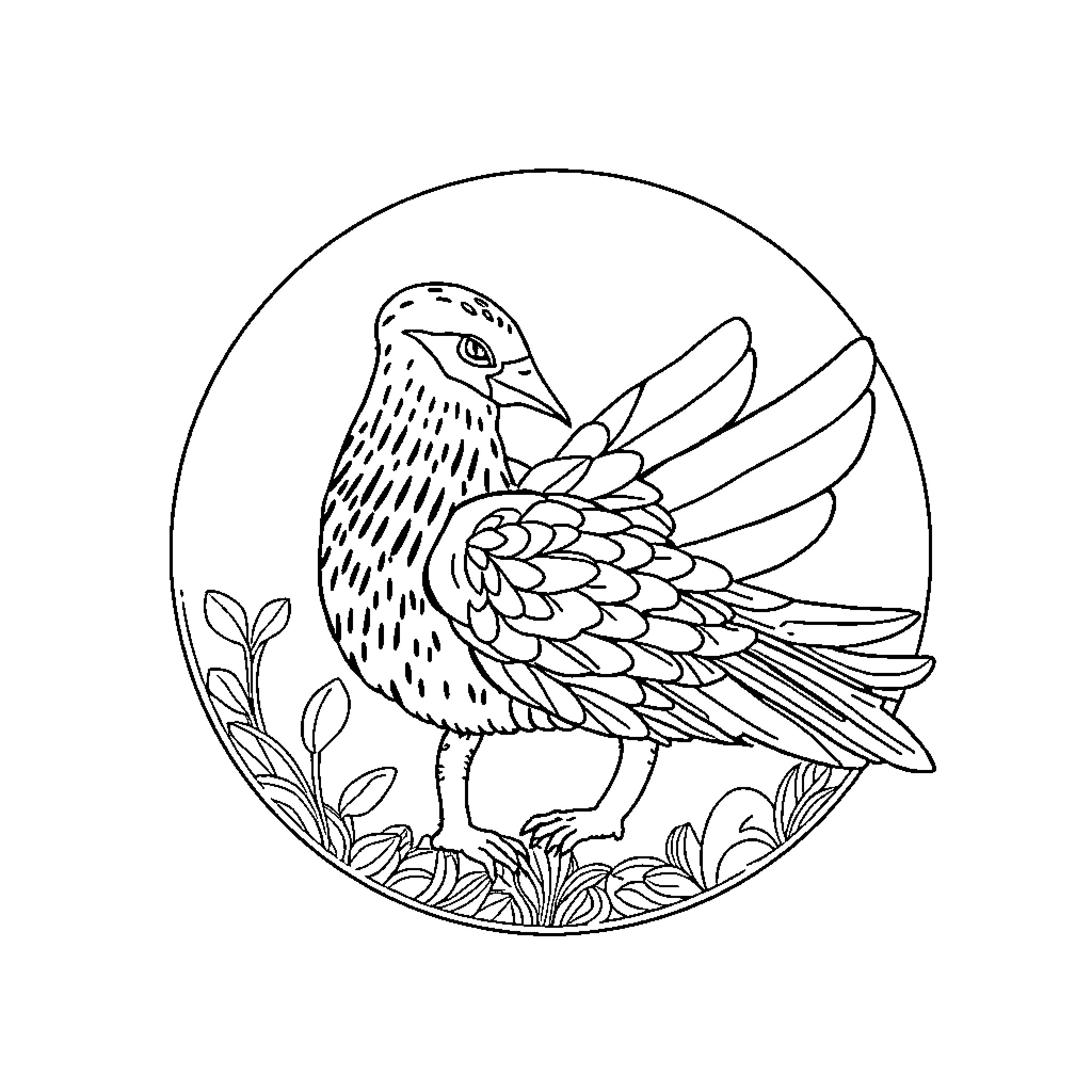 Observación de un pájaro decorativo en un entorno natural Coloring Page (free black-and-white line drawing printable PDF for all, from beginners to advanced learners, including children, teens, adults, and seniors)