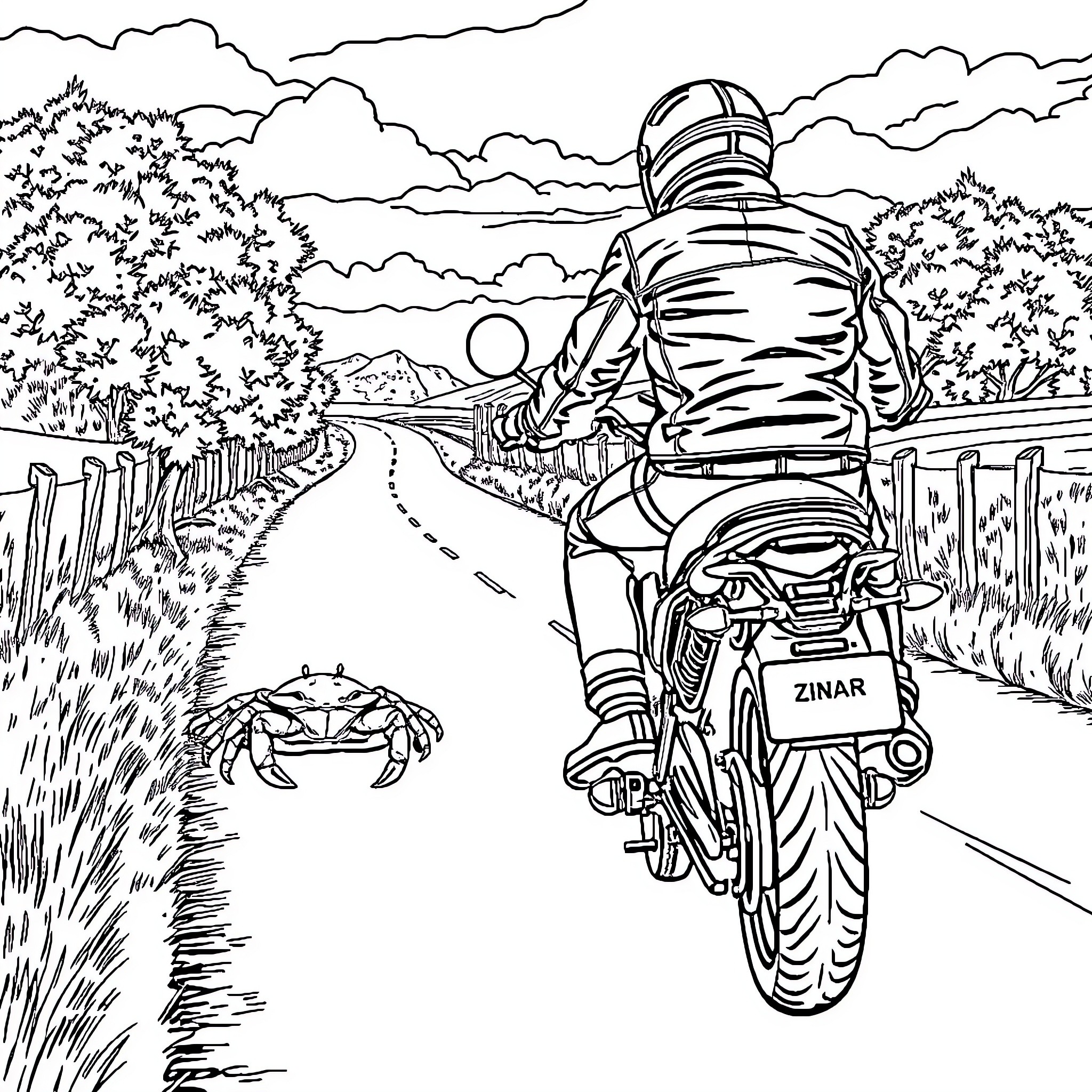 Motorcycle rider on a scenic countryside road Coloring Page (free black-and-white line drawing printable PDF for all, from beginners to advanced learners, including children, teens, adults, and seniors)