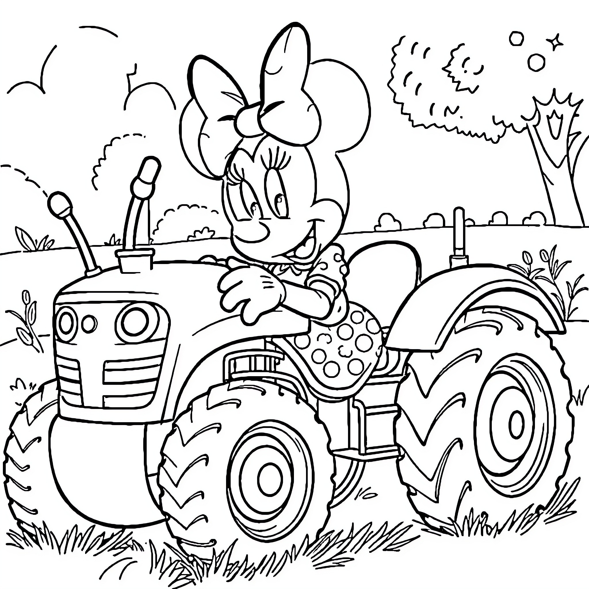 Minnie driving a tractor through the countryside Coloring Page (free black-and-white line drawing printable PDF for all, from beginners to advanced learners, including children, teens, adults, and seniors)