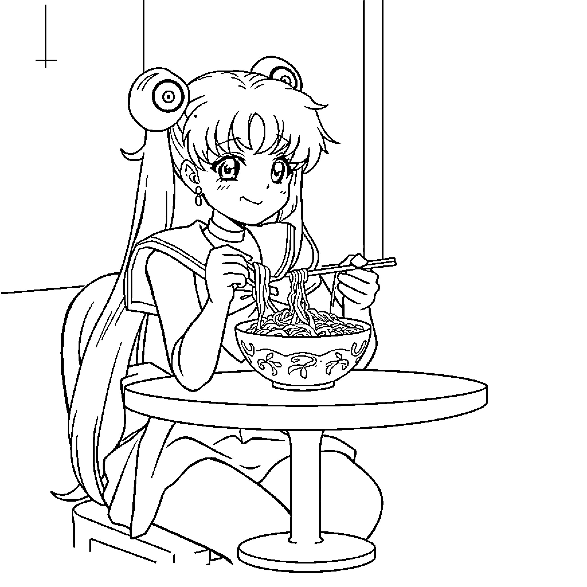 Sailor Moon Enjoying a Meal Coloring Page (free black-and-white line drawing printable PDF for all, from beginners to advanced learners, including children, teens, adults, and seniors)