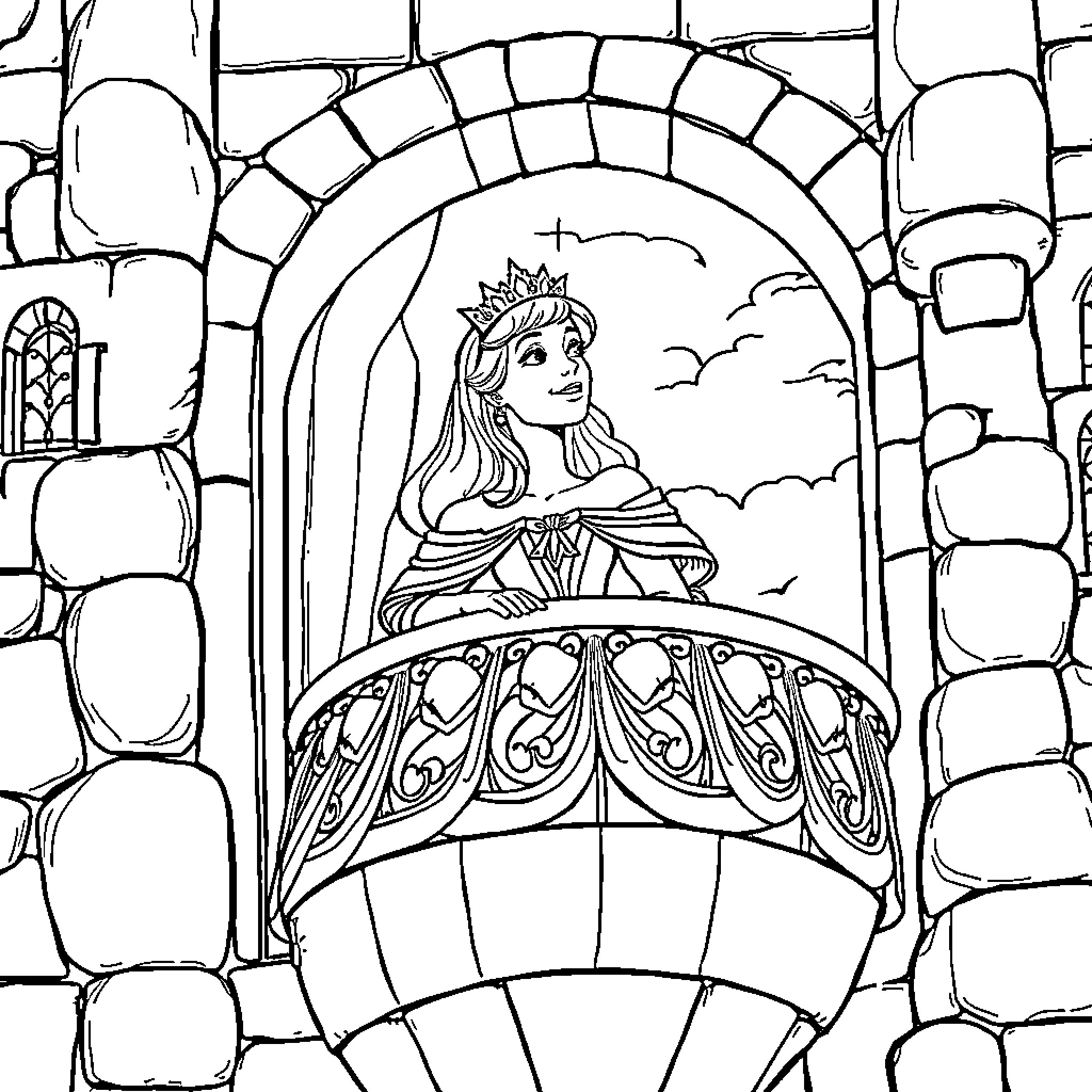 Princess gazing wistfully from castle balcony Coloring Page (free black-and-white line drawing printable PDF for all, from beginners to advanced learners, including children, teens, adults, and seniors)