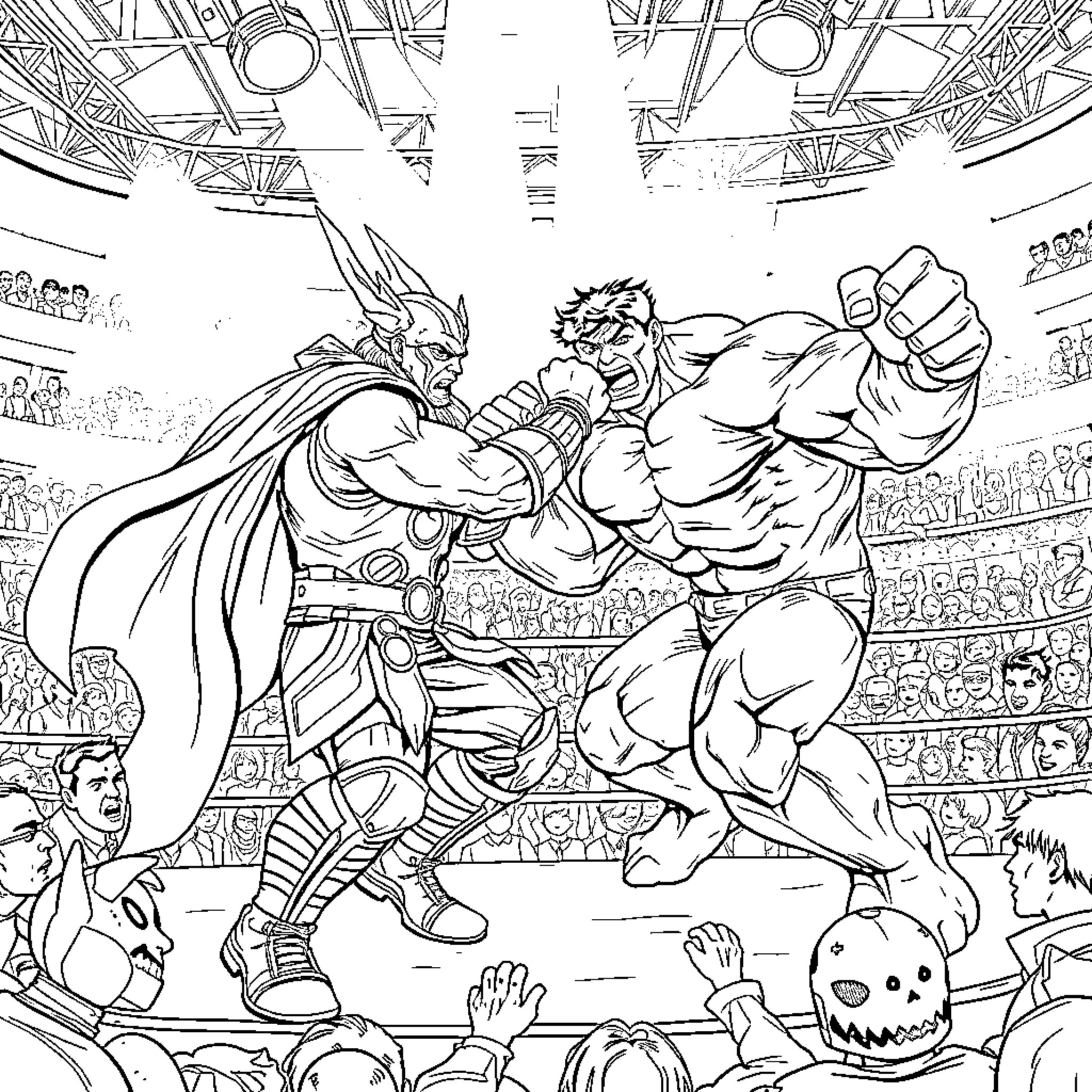Thor battling against a mighty foe in an intense showdown Coloring Page (free black-and-white line drawing printable PDF for all, from beginners to advanced learners, including children, teens, adults, and seniors)
