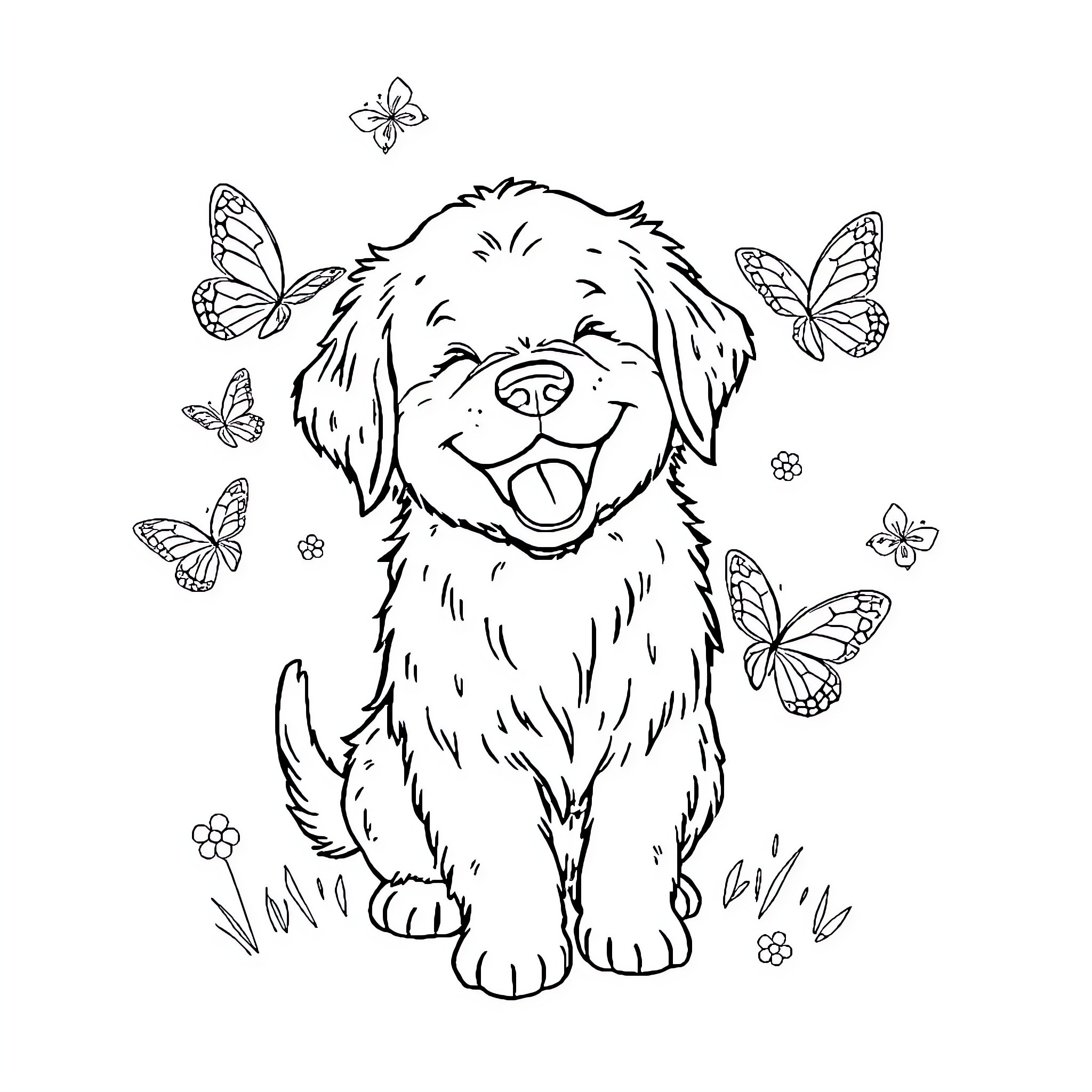 Golden Retriever playing happily with butterflies Coloring Page (free black-and-white line drawing printable PDF for all, from beginners to advanced learners, including children, teens, adults, and seniors)