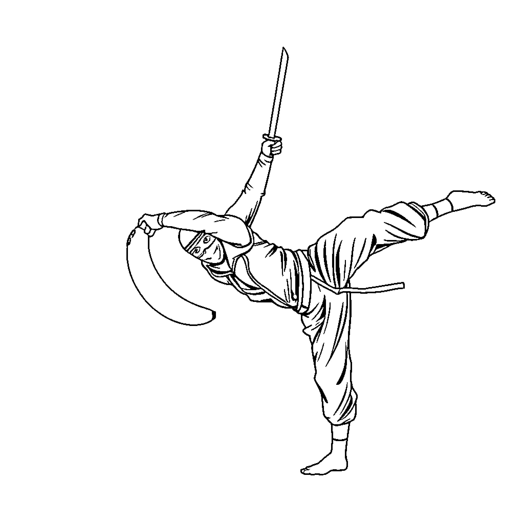 Ninja performing dynamic martial arts move Coloring Page (free black-and-white line drawing printable PDF for all, from beginners to advanced learners, including children, teens, adults, and seniors)