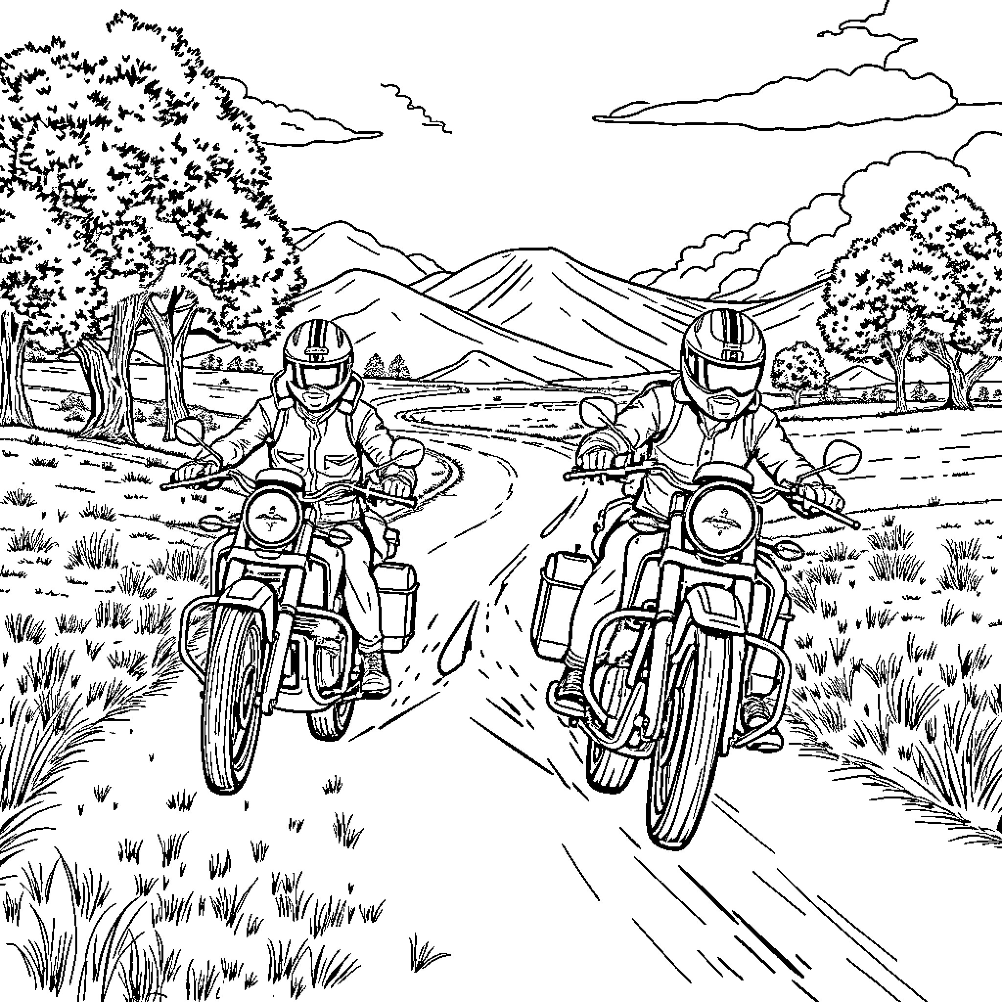 Motorcycle riders on a scenic road trip Coloring Page (free black-and-white line drawing printable PDF for all, from beginners to advanced learners, including children, teens, adults, and seniors)