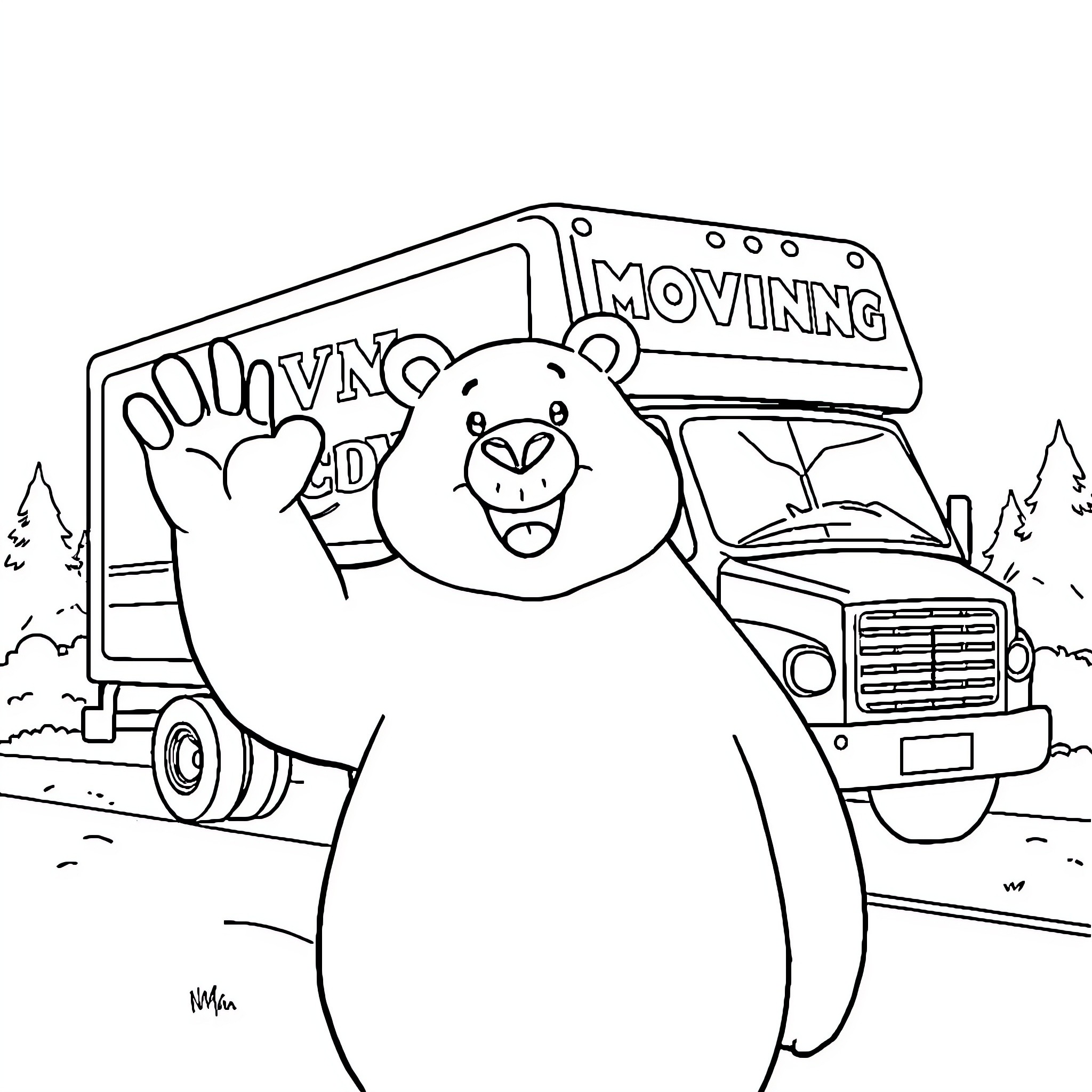 Bear moving with truck and belongings Coloring Page (free black-and-white line drawing printable PDF for all, from beginners to advanced learners, including children, teens, adults, and seniors)