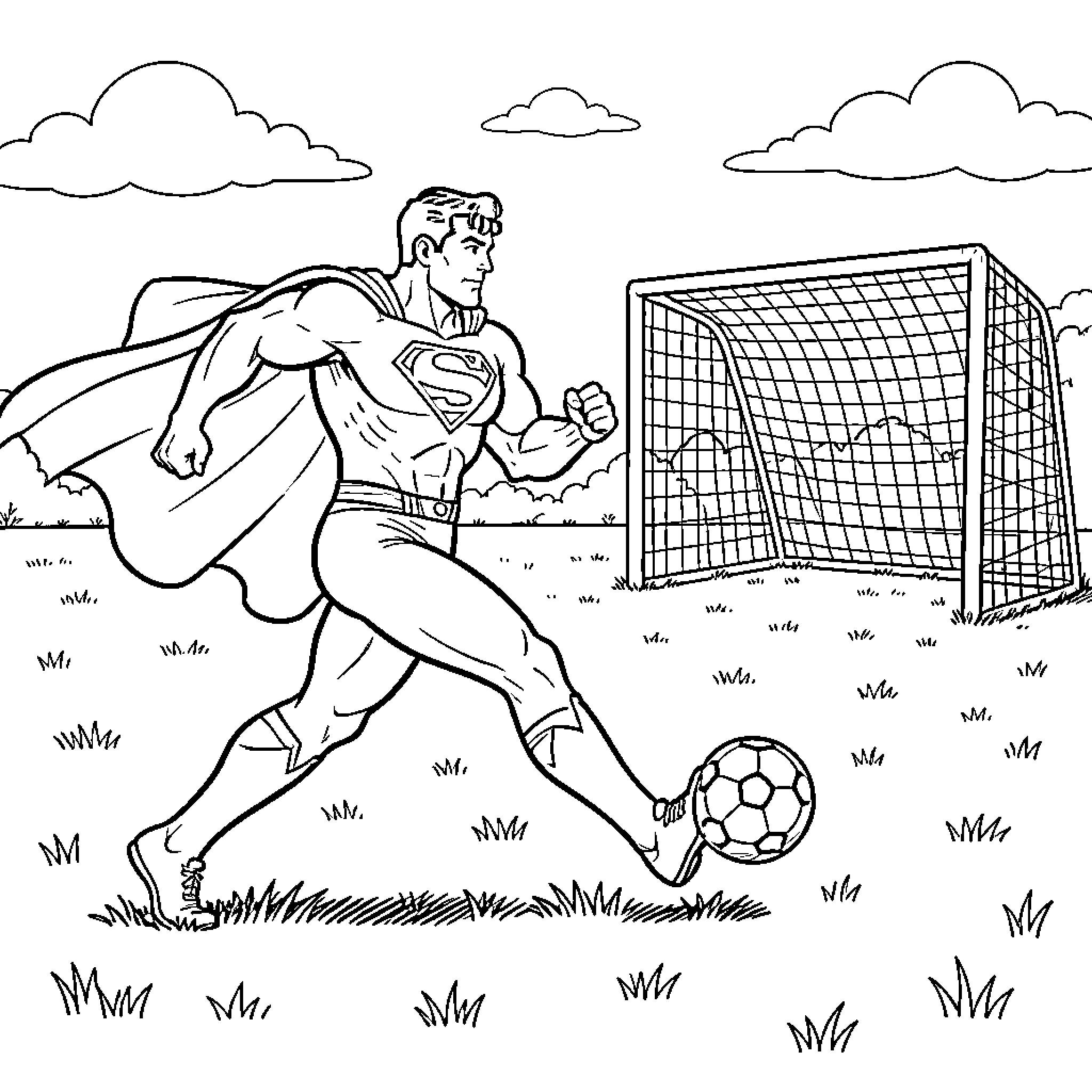 Superman kicking a soccer ball into a goal Coloring Page (free black-and-white line drawing printable PDF for all, from beginners to advanced learners, including children, teens, adults, and seniors)
