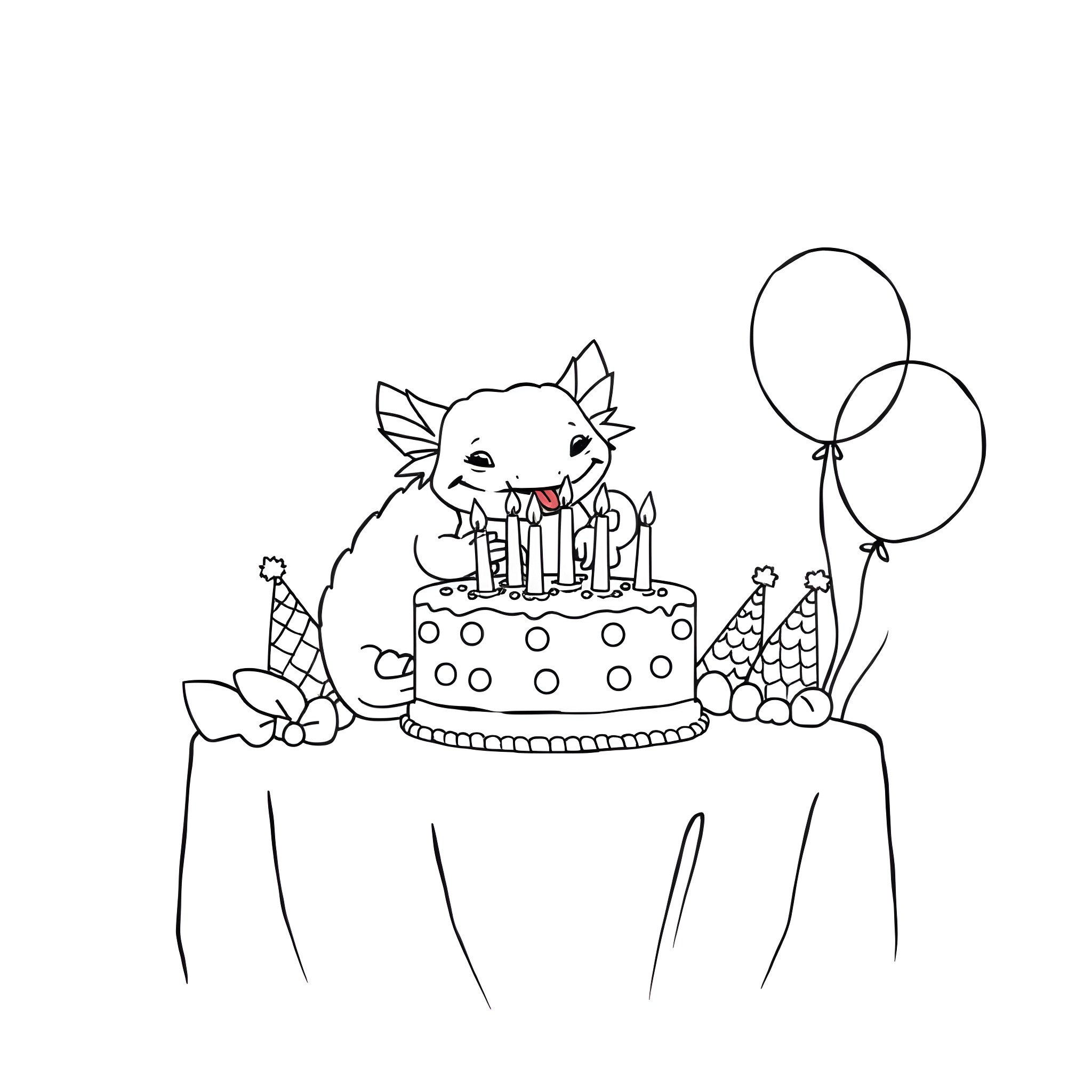 Axolotl celebrating with birthday cake and balloons Coloring Page (free black-and-white line drawing printable PDF for all, from beginners to advanced learners, including children, teens, adults, and seniors)