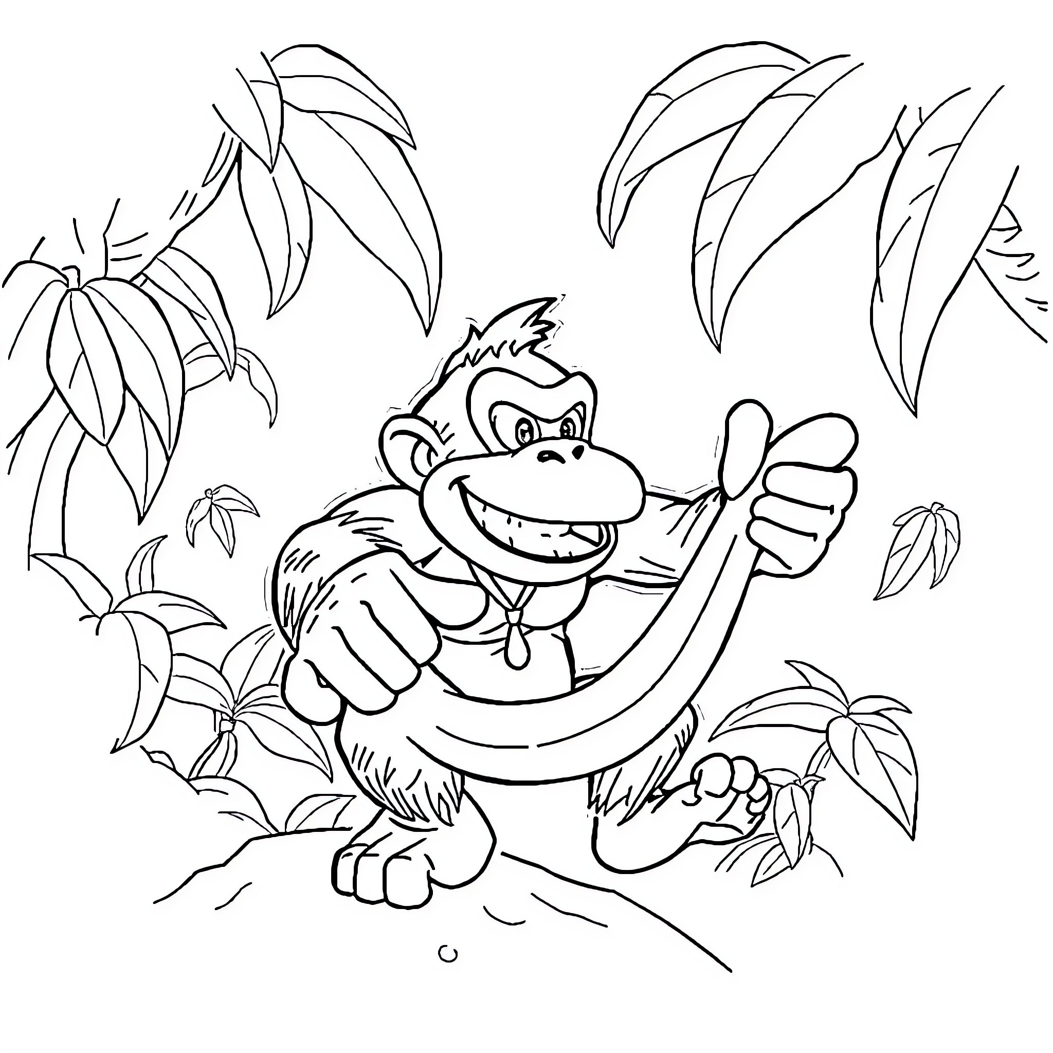 Donkey Kong playing in the jungle Coloring Page (free black-and-white line drawing printable PDF for all, from beginners to advanced learners, including children, teens, adults, and seniors)