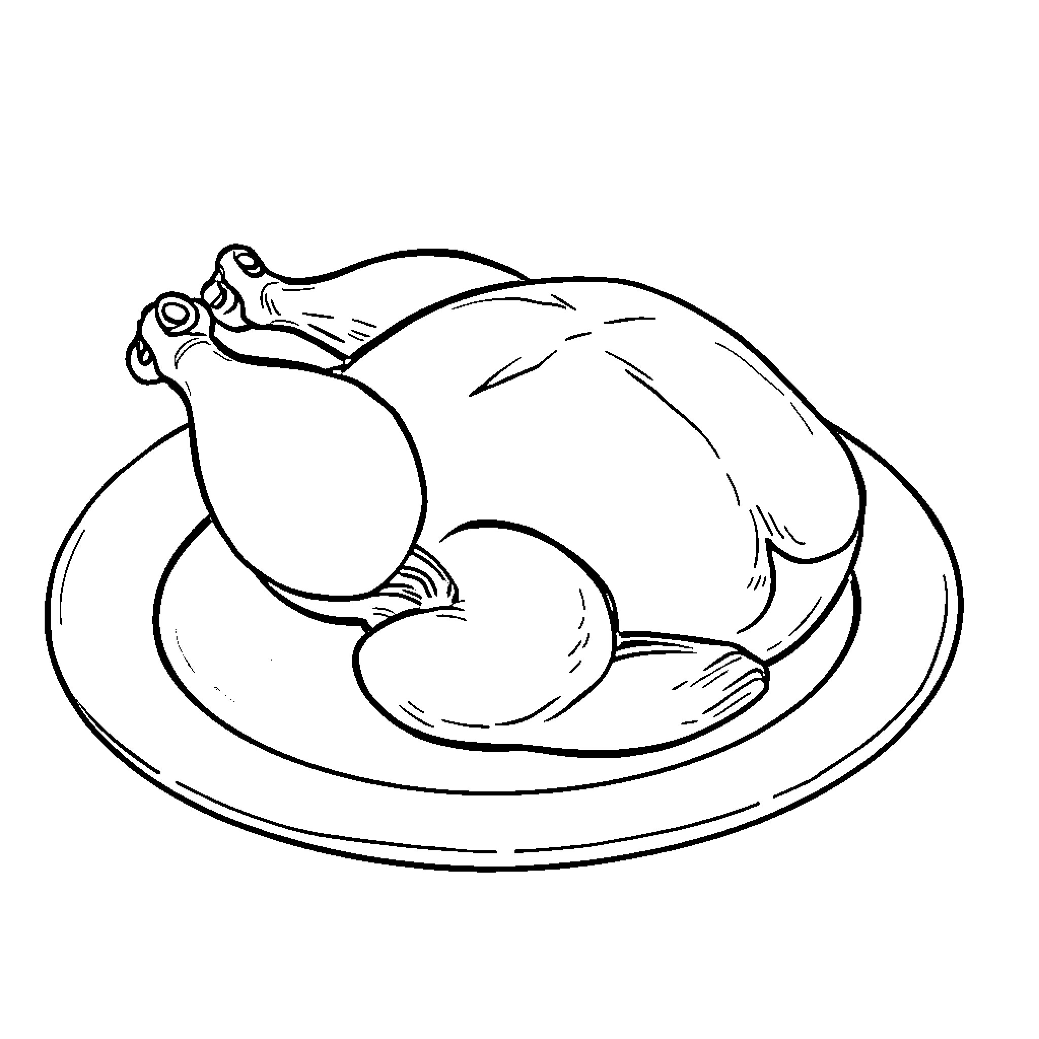 Chicken roasted on platter Coloring Page (free black-and-white line drawing printable PDF for all, from beginners to advanced learners, including children, teens, adults, and seniors)