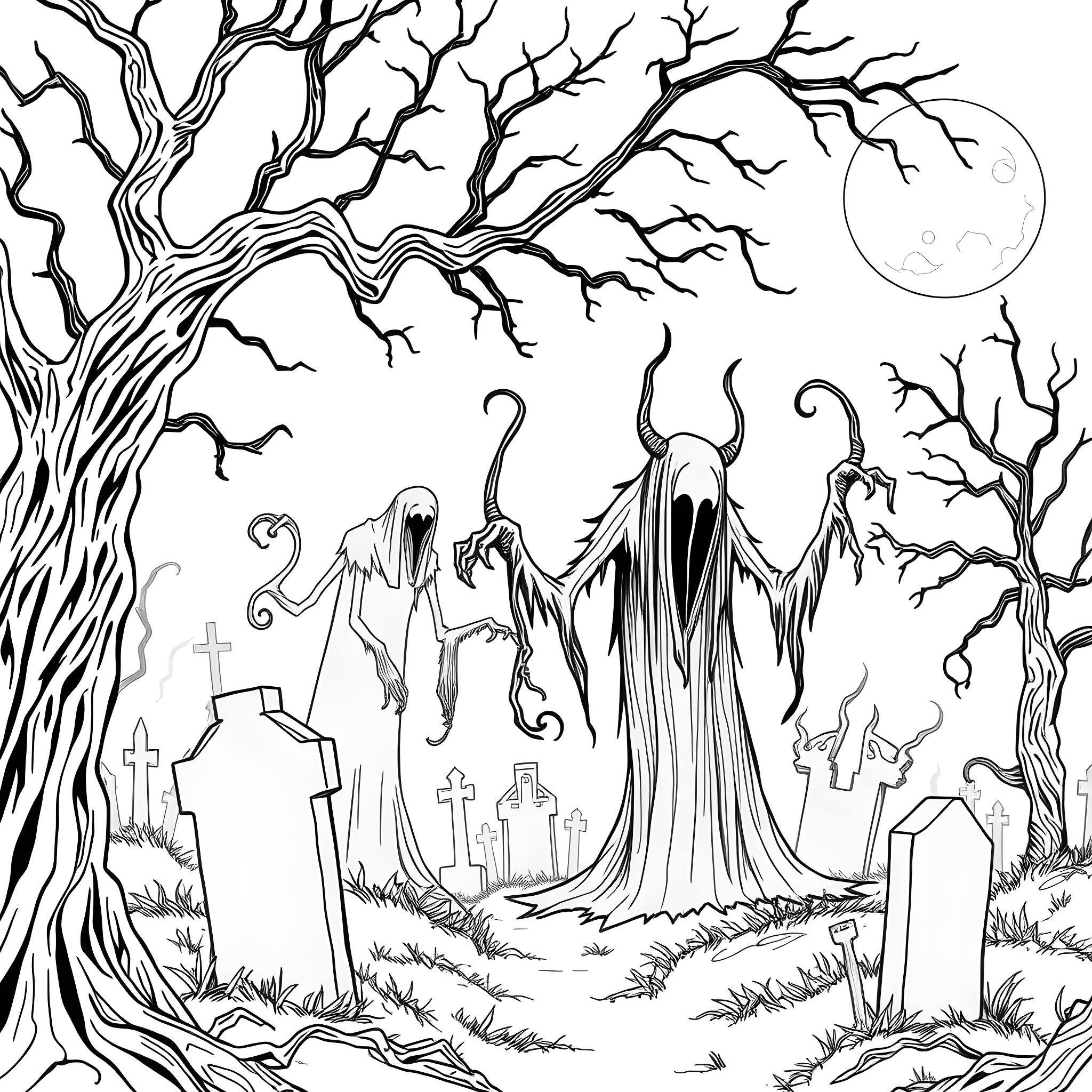 Spirit of Haunting Figures in Eerie Graveyard Coloring Page (free black-and-white line drawing printable PDF for all, from beginners to advanced learners, including children, teens, adults, and seniors)