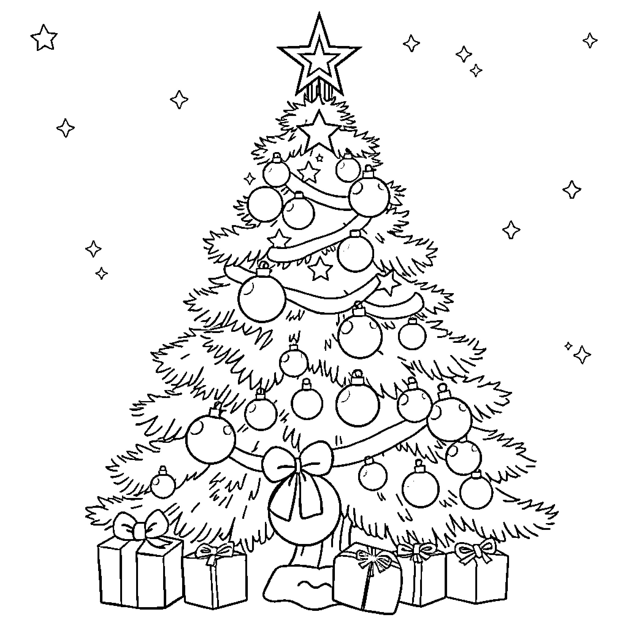 Christmas Tree with Ornaments and Gifts Coloring Page (free black-and-white line drawing printable PDF for all, from beginners to advanced learners, including children, teens, adults, and seniors)