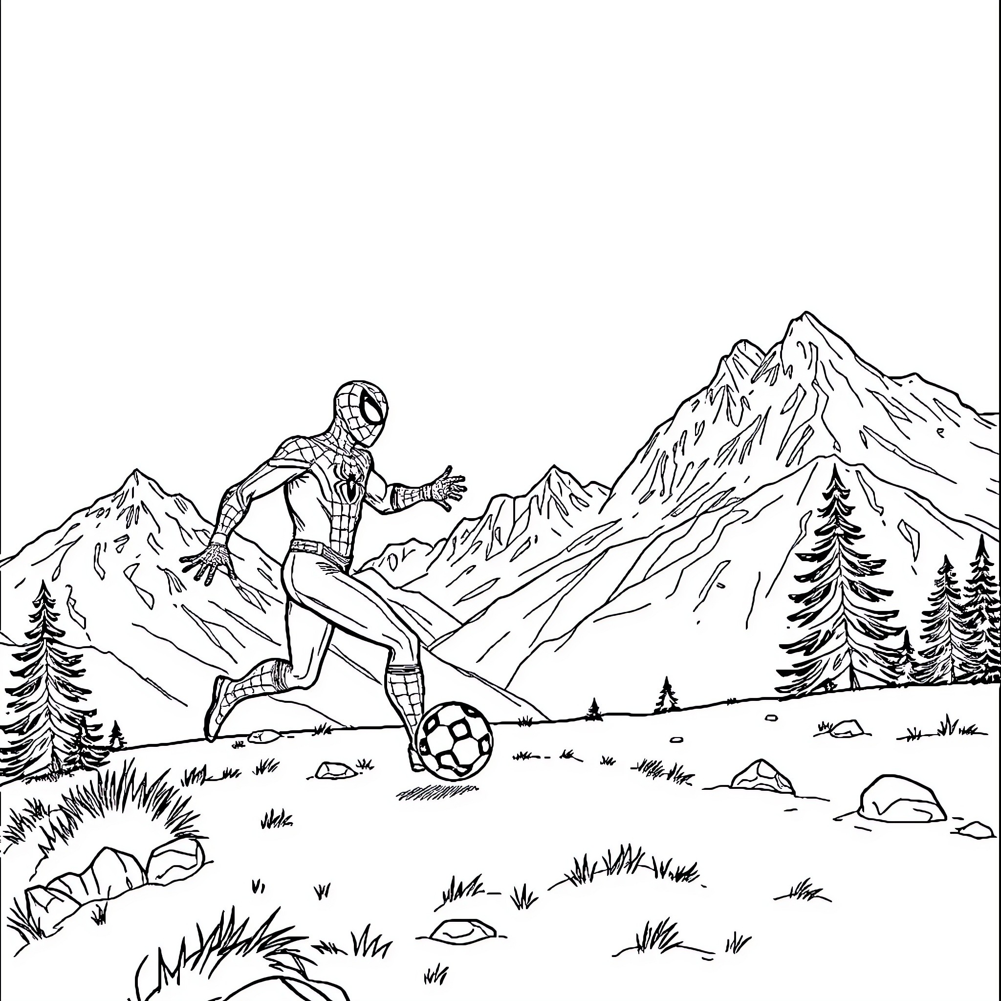 Spider-Man playing soccer in a mountain landscape Coloring Page (free black-and-white line drawing printable PDF for all, from beginners to advanced learners, including children, teens, adults, and seniors)