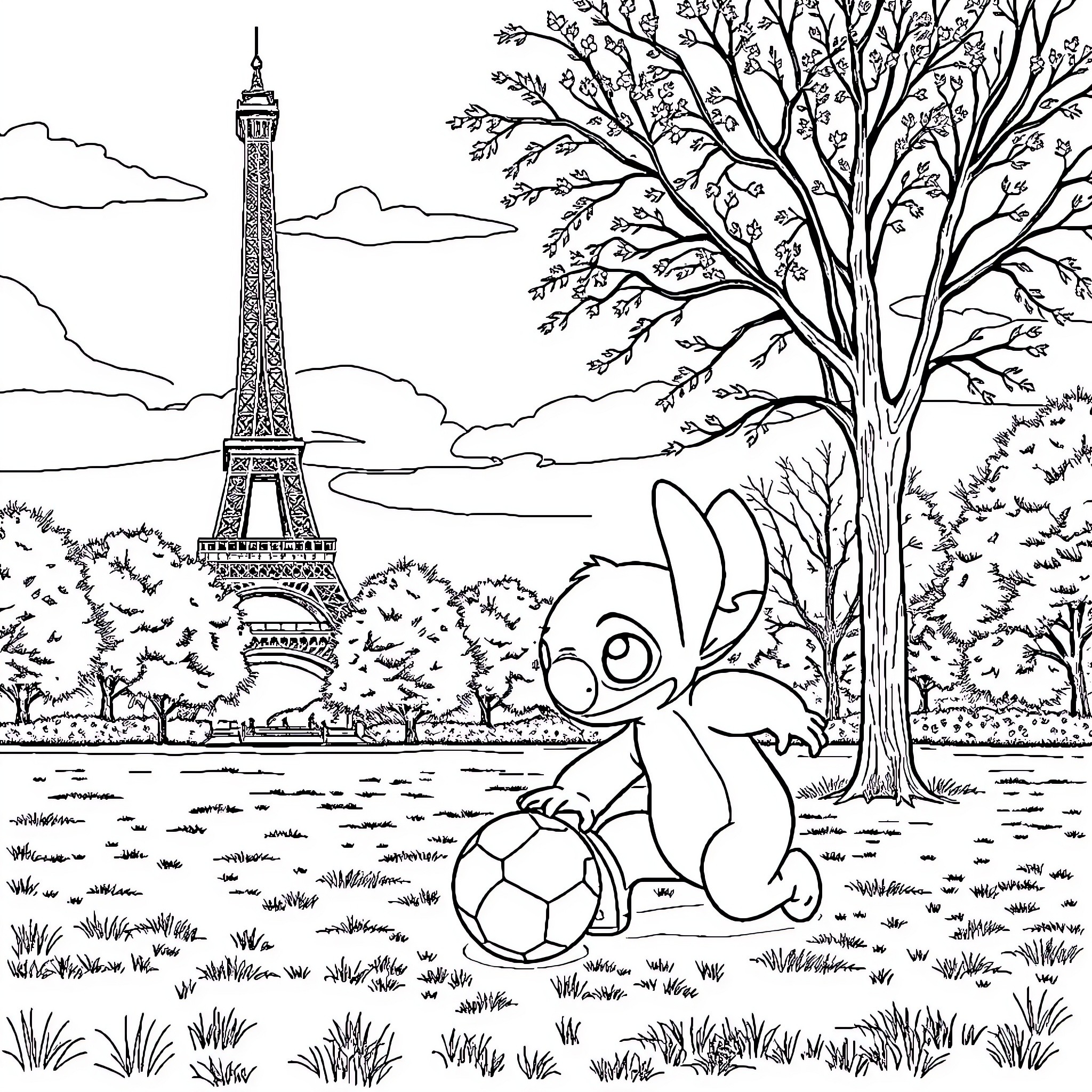 Stitch Exploring the Eiffel Tower Park Coloring Page (free black-and-white line drawing printable PDF for all, from beginners to advanced learners, including children, teens, adults, and seniors)