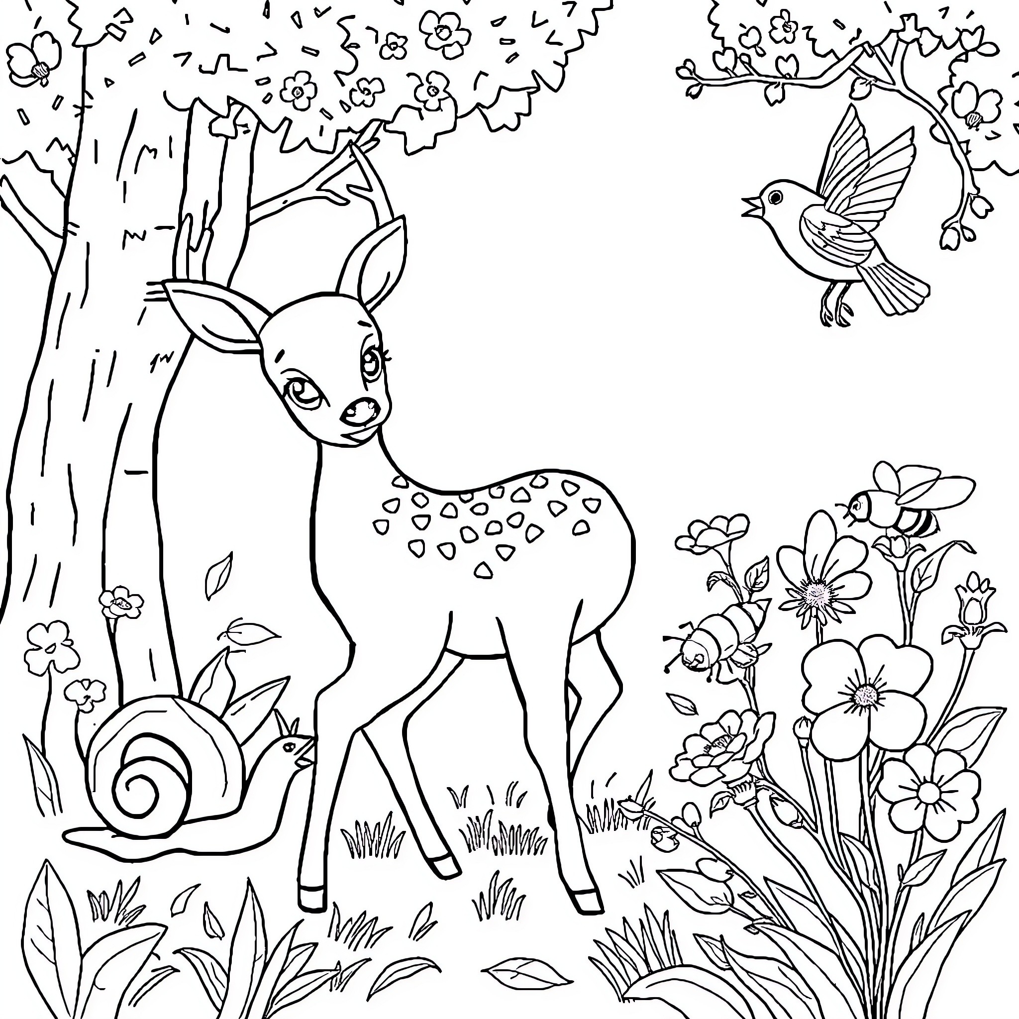 Faon in a Whimsical Forest Coloring Page (free black-and-white line drawing printable PDF for all, from beginners to advanced learners, including children, teens, adults, and seniors)