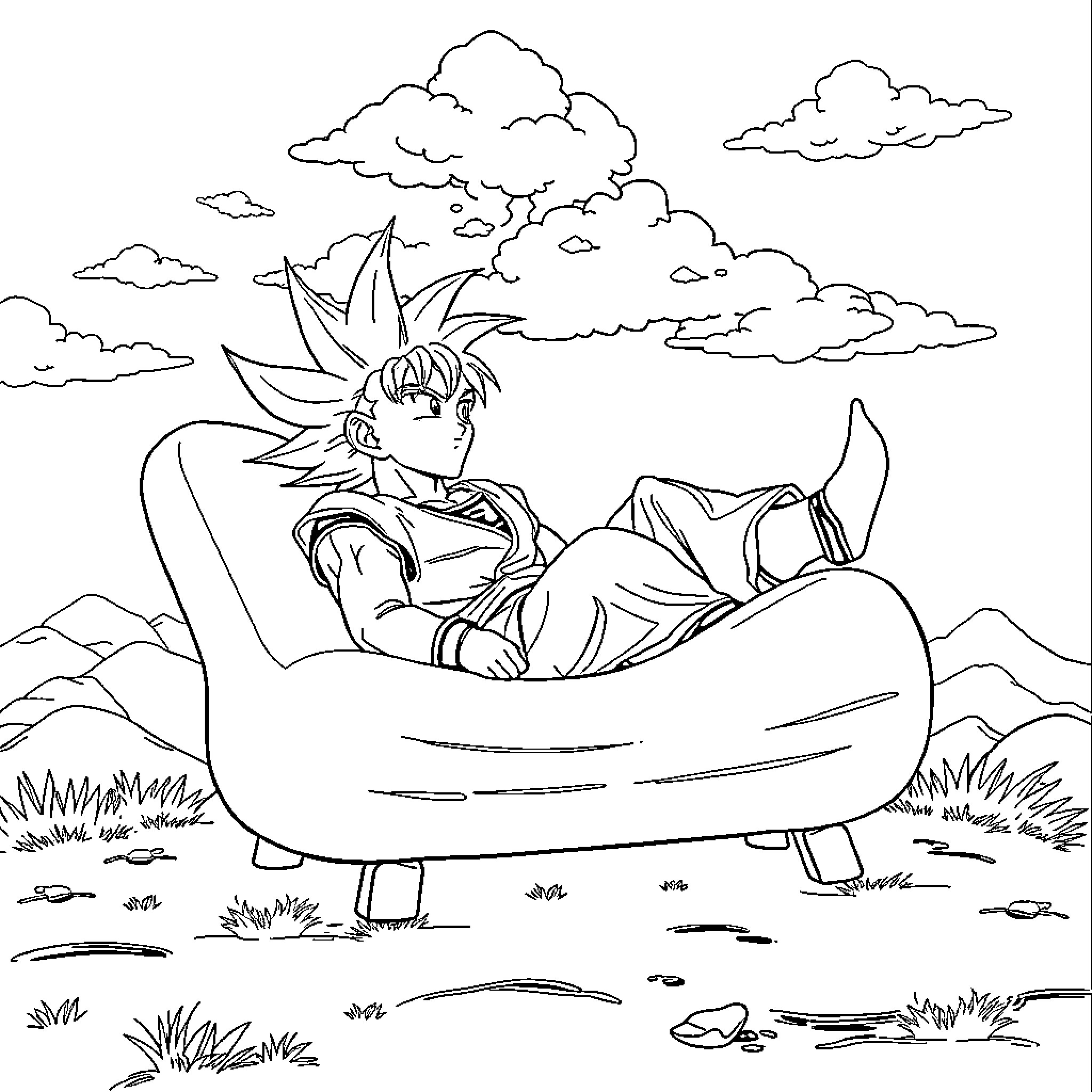 Goku relaxing peacefully in the outdoors Coloring Page (free black-and-white line drawing printable PDF for all, from beginners to advanced learners, including children, teens, adults, and seniors)