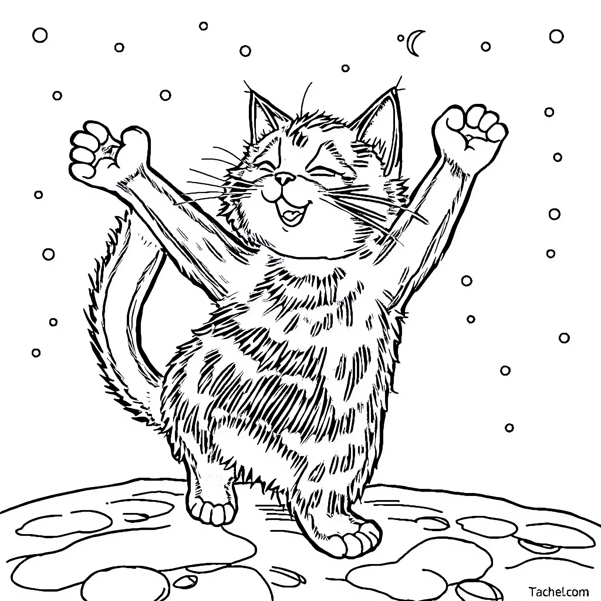 Cat celebrating joyfully in the snow Coloring Page (free black-and-white line drawing printable PDF for all, from beginners to advanced learners, including children, teens, adults, and seniors)