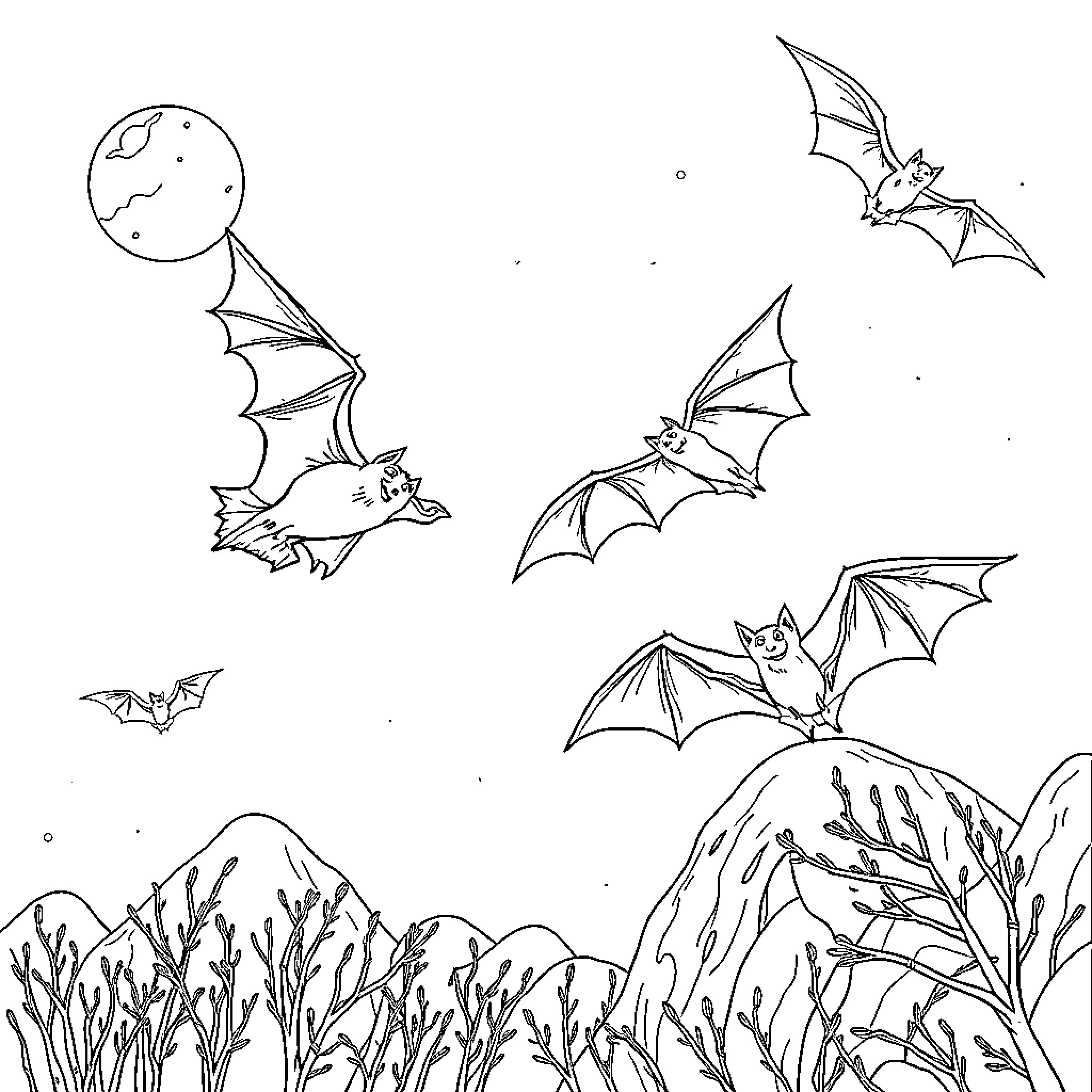 Bats soaring in the night sky Coloring Page (free black-and-white line drawing printable PDF for all, from beginners to advanced learners, including children, teens, adults, and seniors)