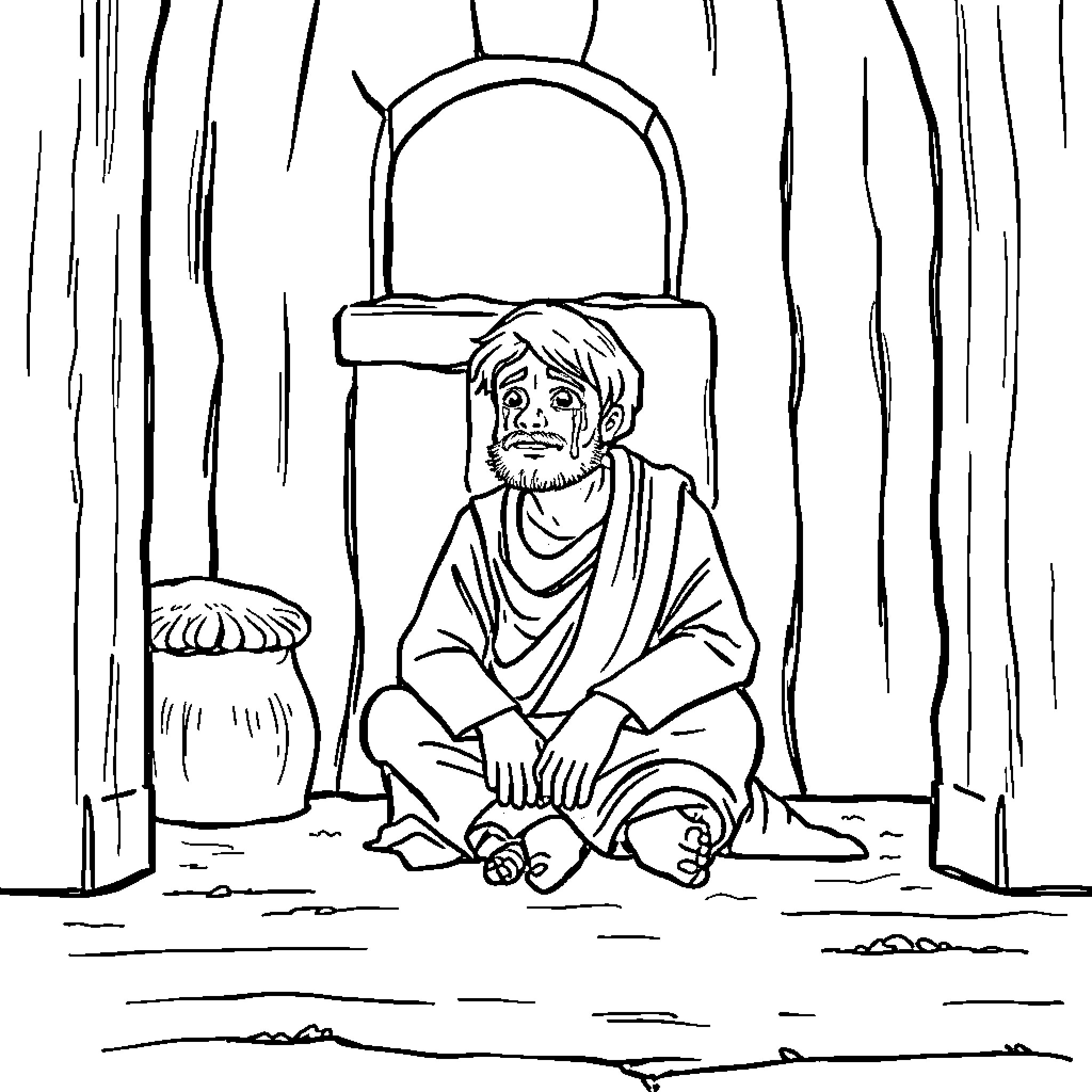 Joseph meditating in a serene temple Coloring Page (free black-and-white line drawing printable PDF for all, from beginners to advanced learners, including children, teens, adults, and seniors)