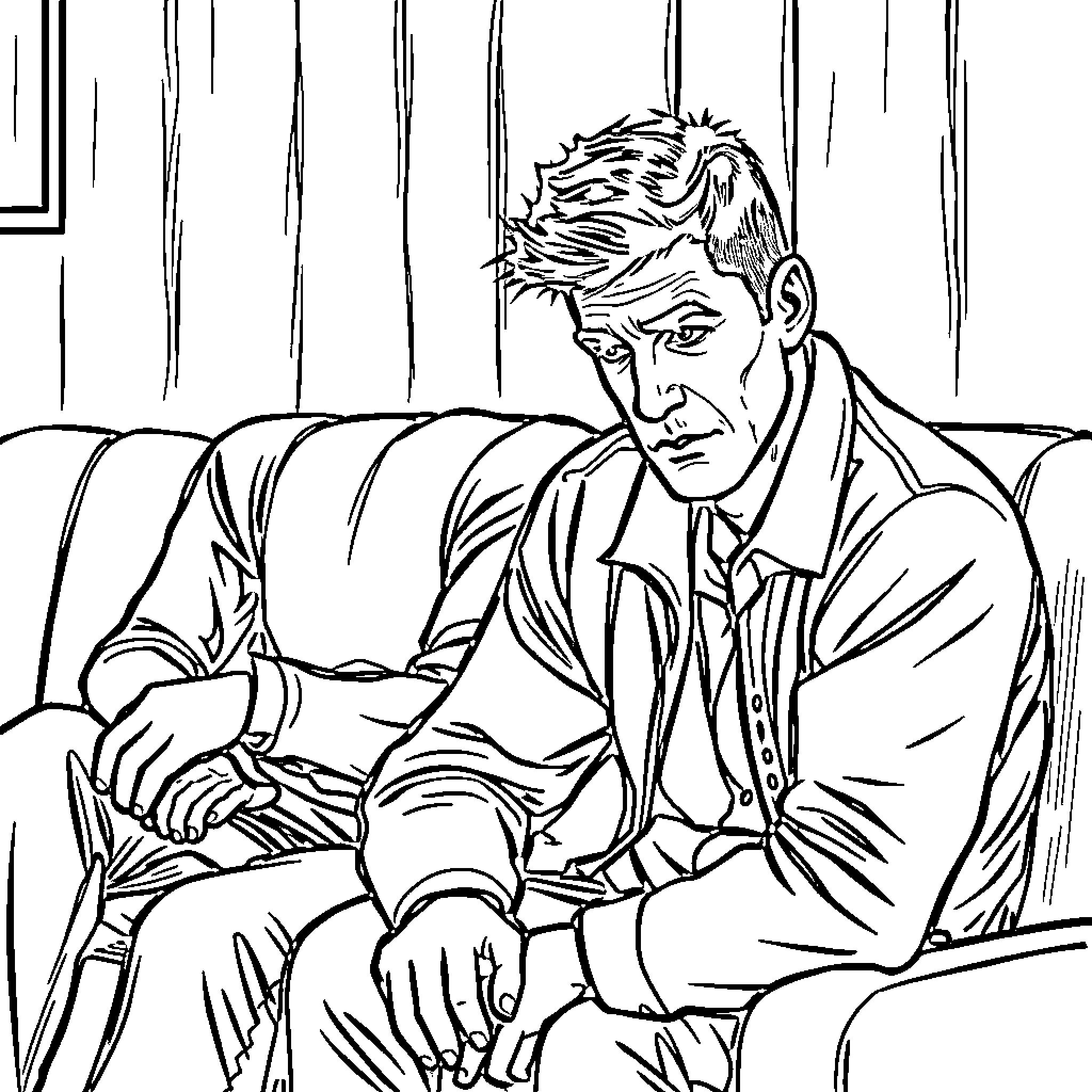Man sitting pensively on couch in thoughtful pose Coloring Page (free black-and-white line drawing printable PDF for all, from beginners to advanced learners, including children, teens, adults, and seniors)