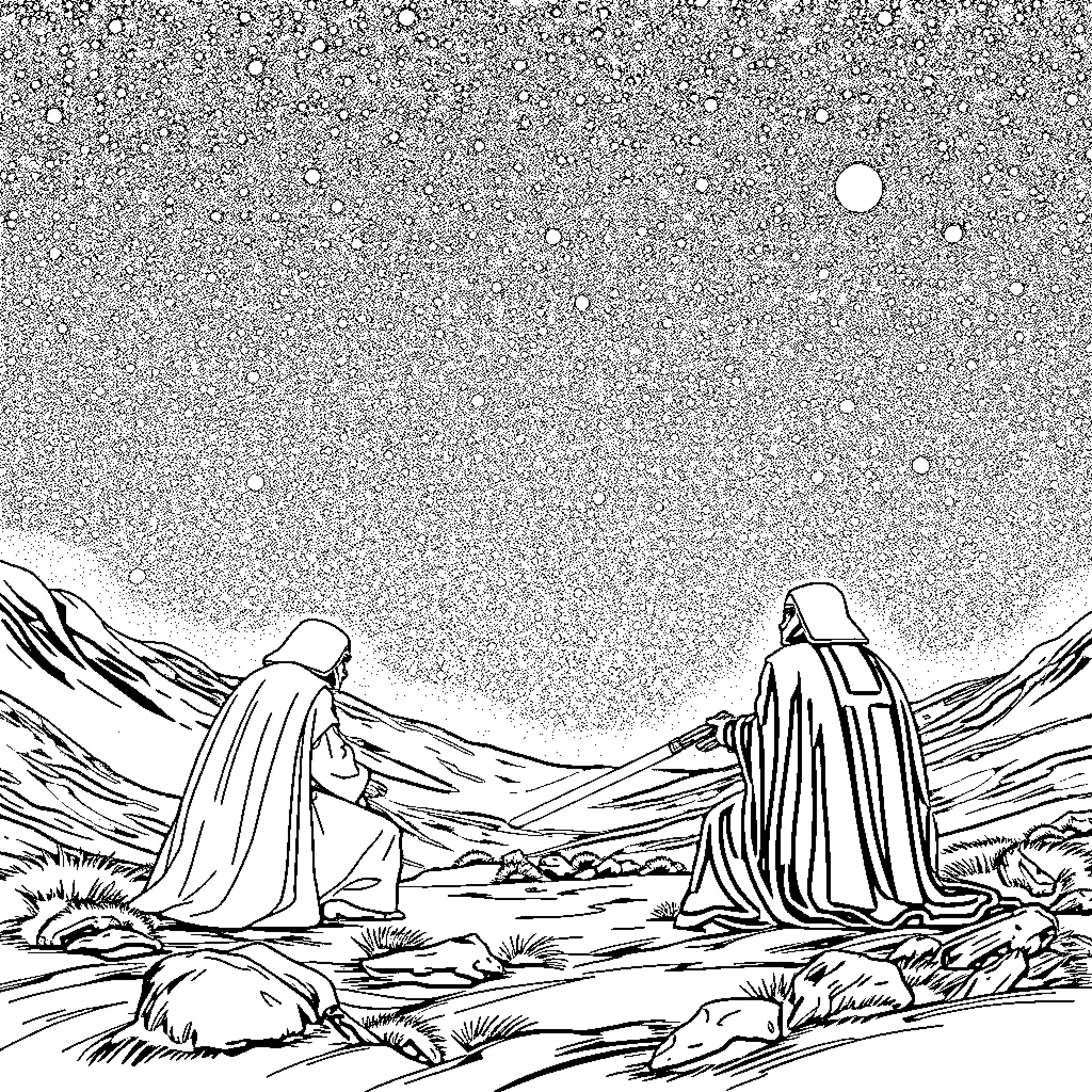 Jedi Masters Contemplating the Galaxy Coloring Page (free black-and-white line drawing printable PDF for all, from beginners to advanced learners, including children, teens, adults, and seniors)