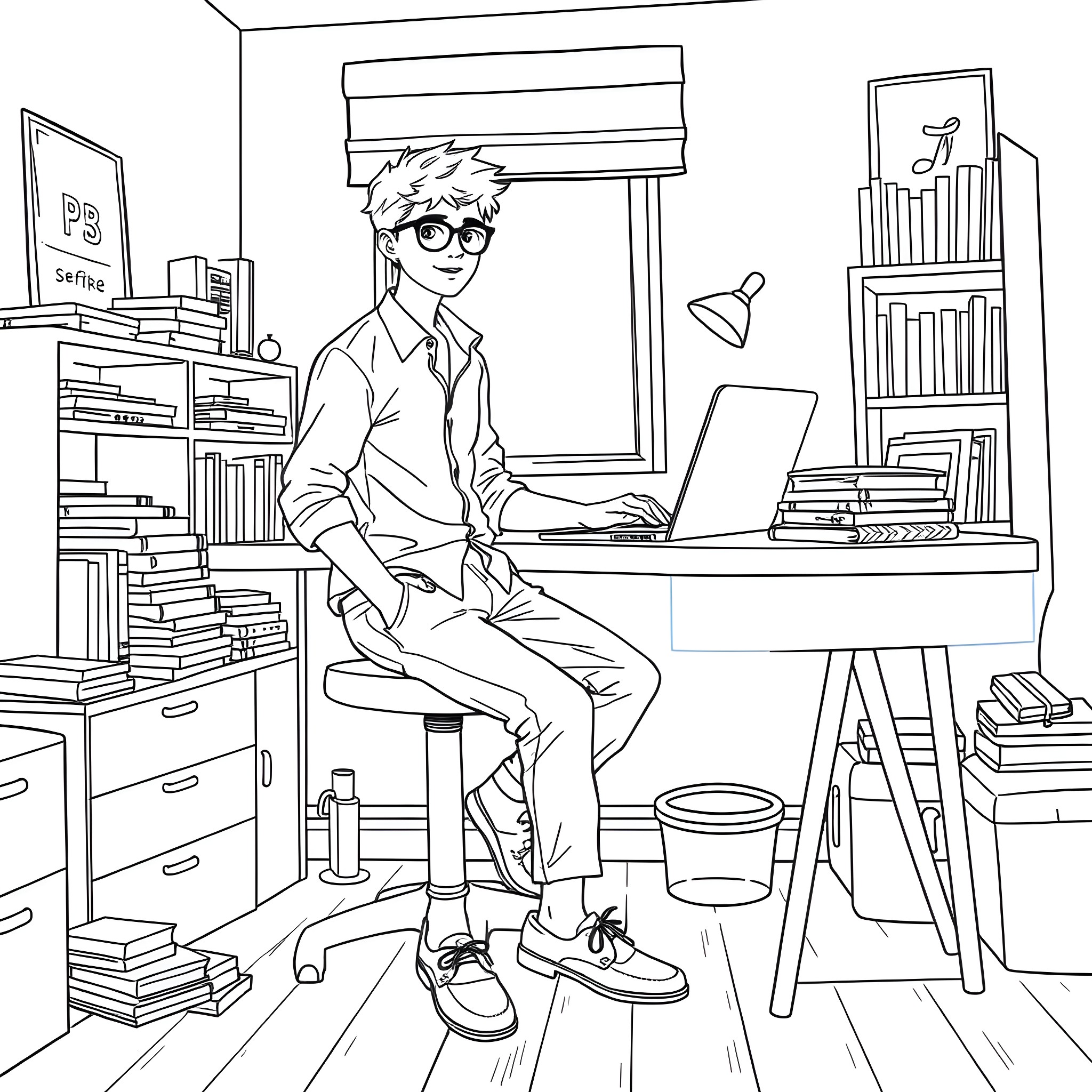 Teen Guy Working Diligently on Laptop in Cluttered Study Coloring Page (free black-and-white line drawing printable PDF for all, from beginners to advanced learners, including children, teens, adults, and seniors)