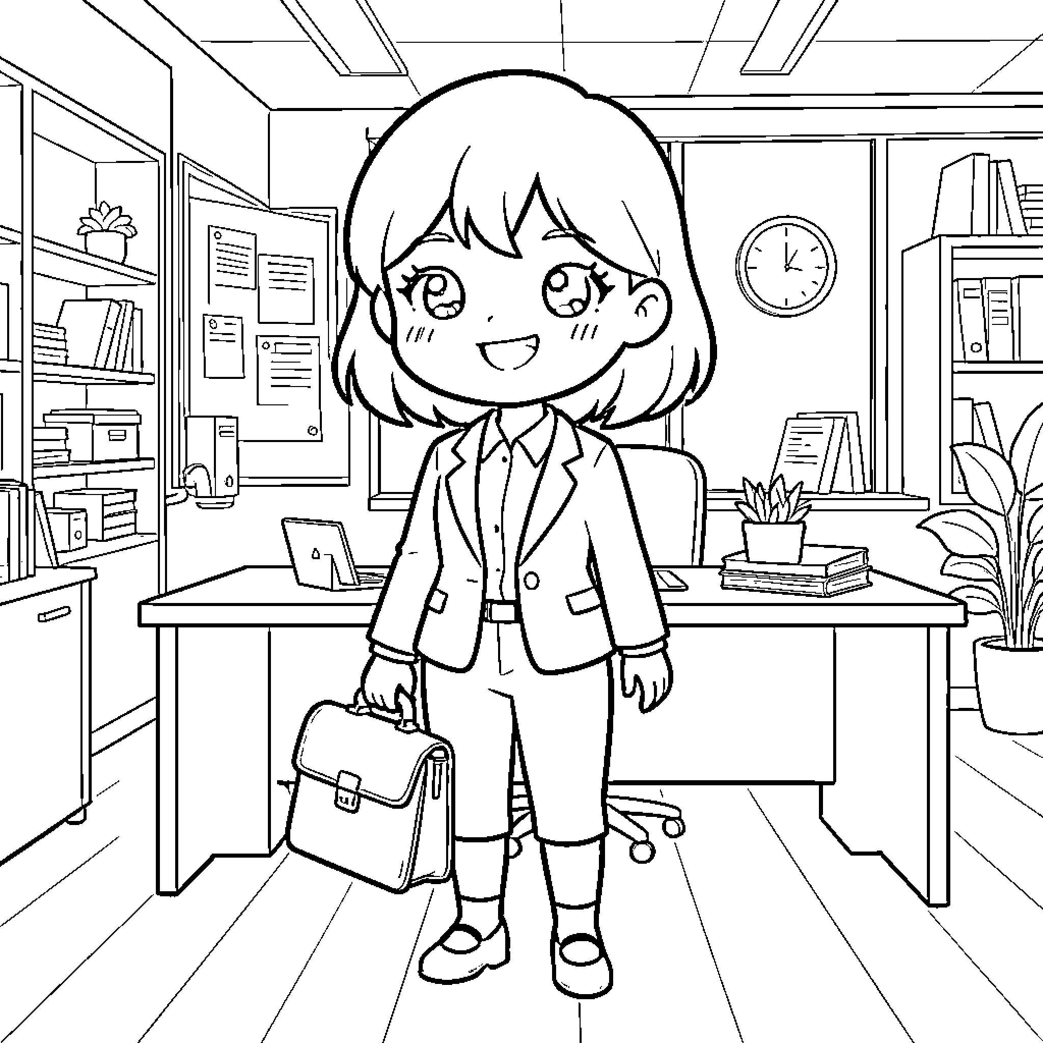 Avocate standing in a professional office holding a briefcase Coloring Page (free black-and-white line drawing printable PDF for all, from beginners to advanced learners, including children, teens, adults, and seniors)
