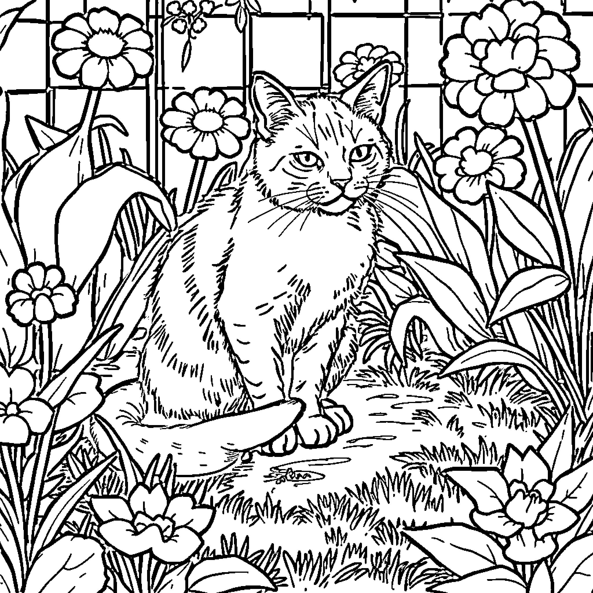 Cat in Floral Garden Coloring Page (free black-and-white line drawing printable PDF for all, from beginners to advanced learners, including children, teens, adults, and seniors)