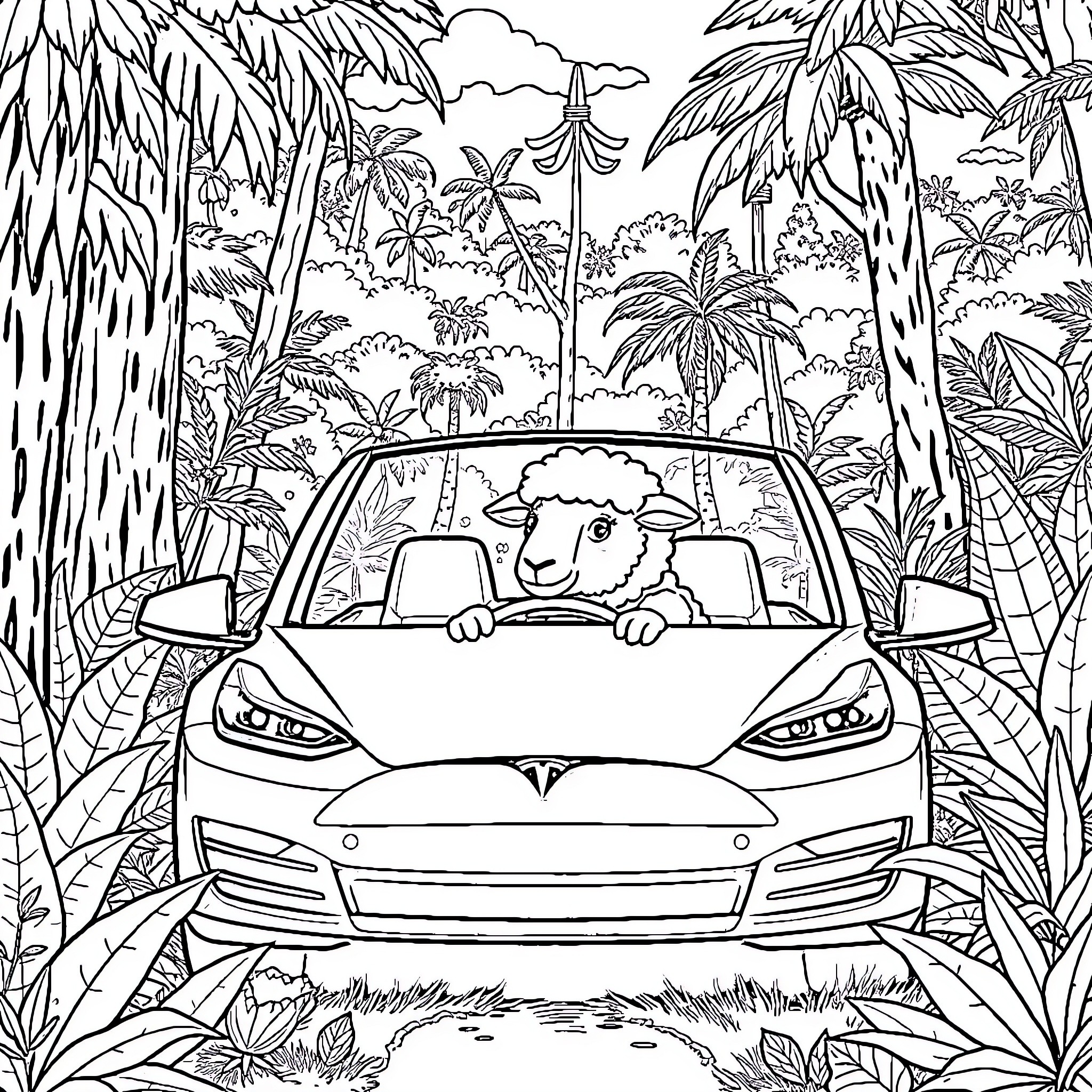 Sheep driving electric car through tropical jungle Coloring Page (free black-and-white line drawing printable PDF for all, from beginners to advanced learners, including children, teens, adults, and seniors)