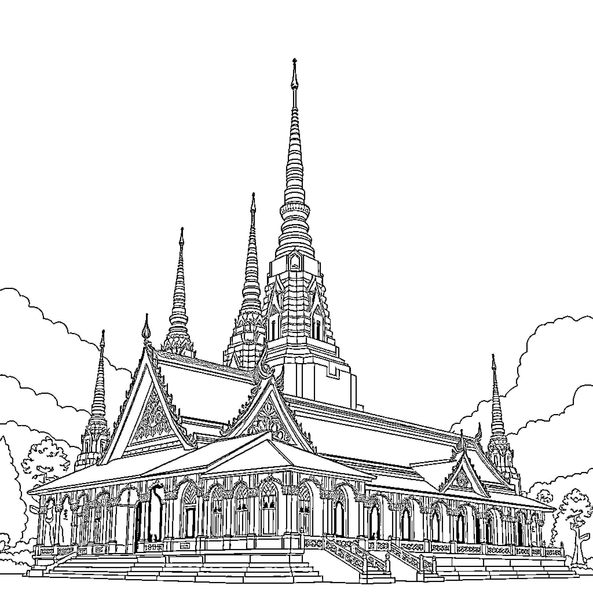 Temple with ornate spires and intricate architecture Coloring Page (free black-and-white line drawing printable PDF for all, from beginners to advanced learners, including children, teens, adults, and seniors)