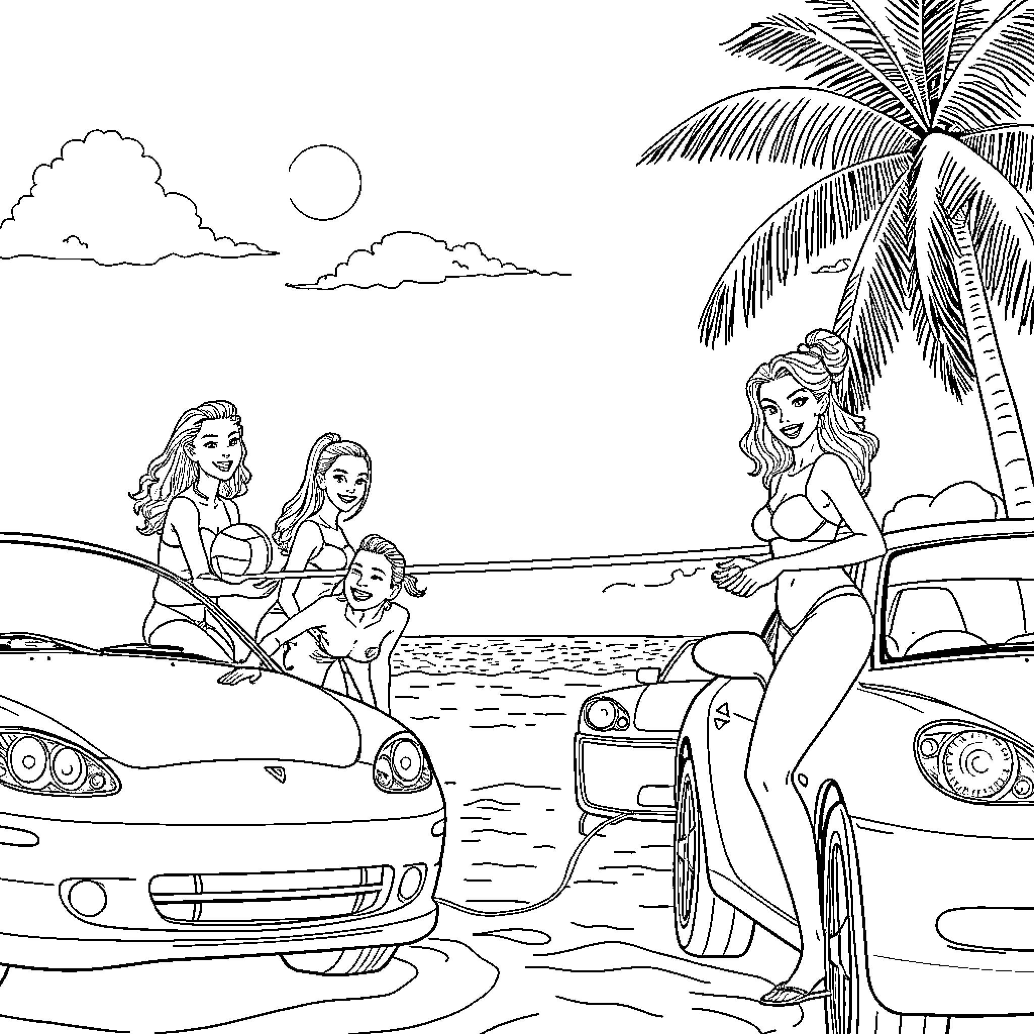 Beach Volleyball Player Enjoying Sunny Coastal Getaway Coloring Page (free black-and-white line drawing printable PDF for all, from beginners to advanced learners, including children, teens, adults, and seniors)