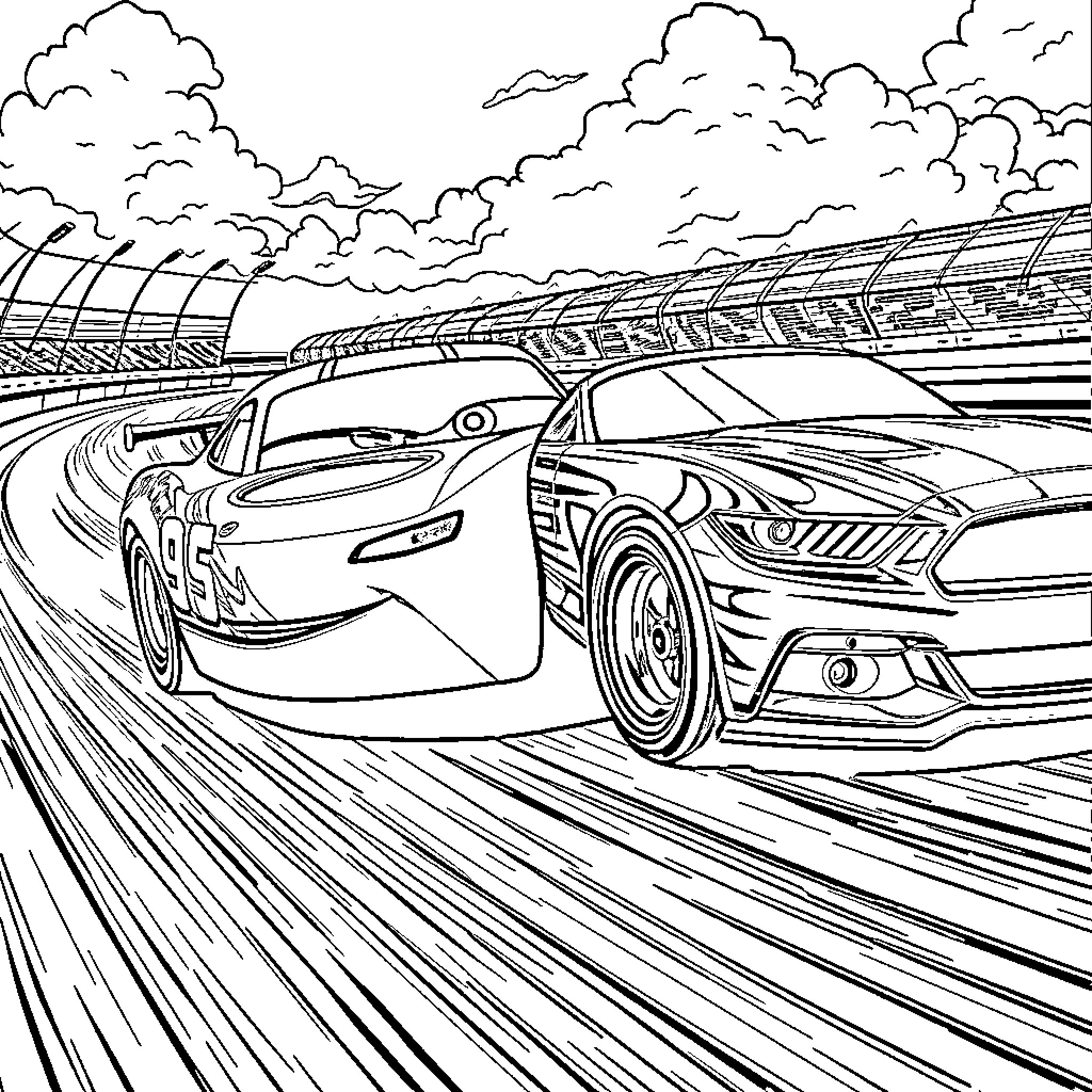 Lightning McQueen racing on the track with other cars Coloring Page (free black-and-white line drawing printable PDF for all, from beginners to advanced learners, including children, teens, adults, and seniors)