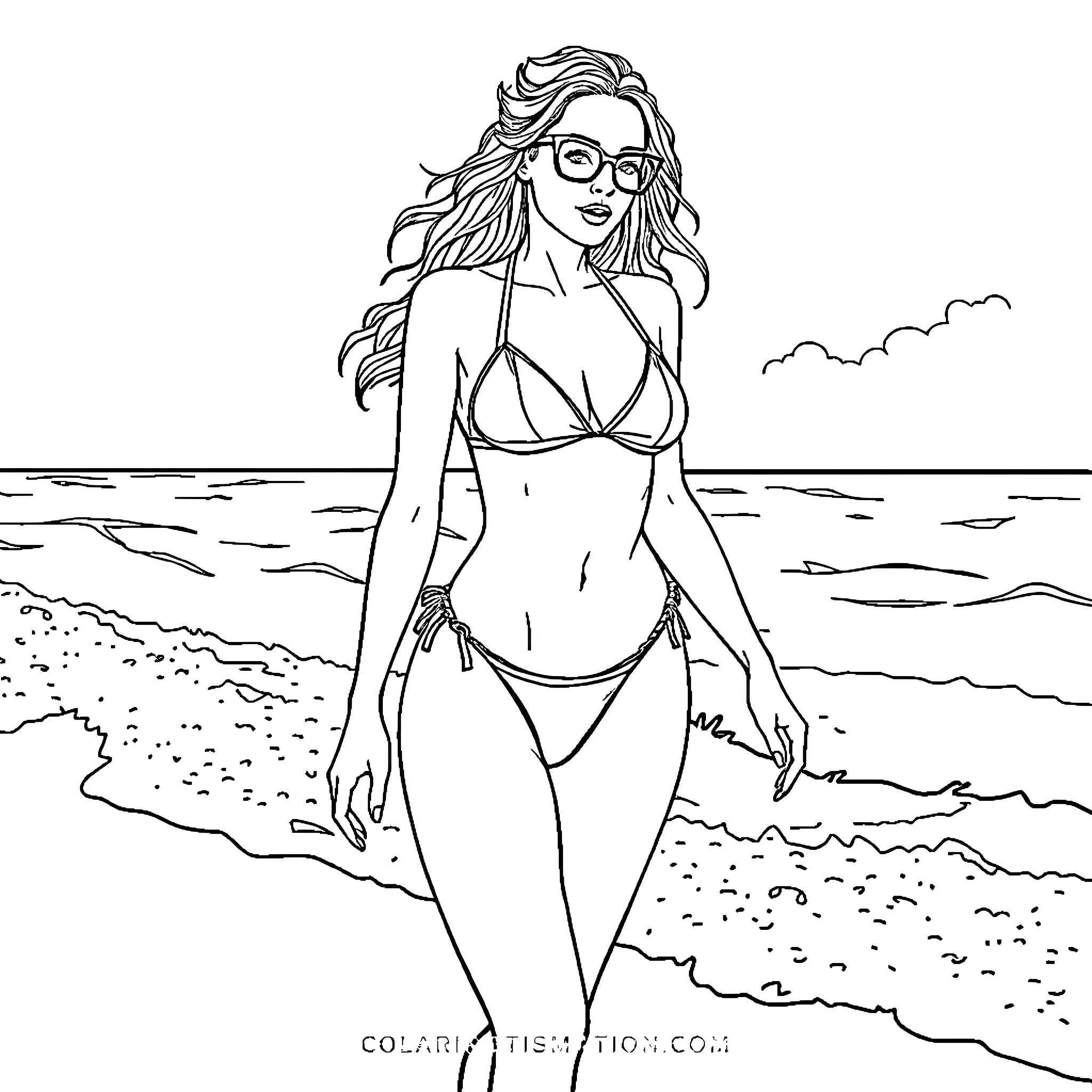 Bikini-clad woman relaxing on the beach Coloring Page (free black-and-white line drawing printable PDF for all, from beginners to advanced learners, including children, teens, adults, and seniors)