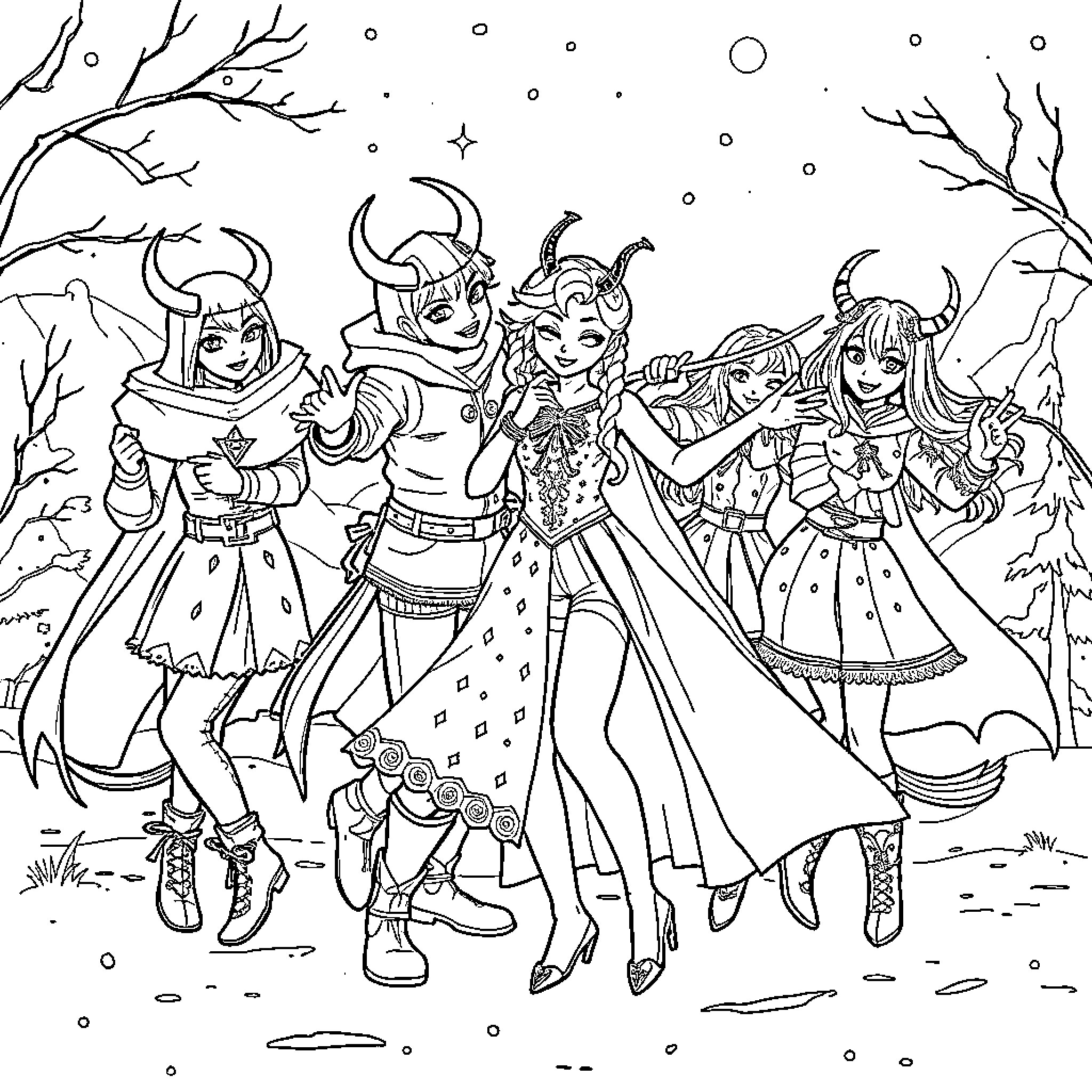 K-POP Demon Hunters Clash in Icy Wonderland Coloring Page (free black-and-white line drawing printable PDF for all, from beginners to advanced learners, including children, teens, adults, and seniors)
