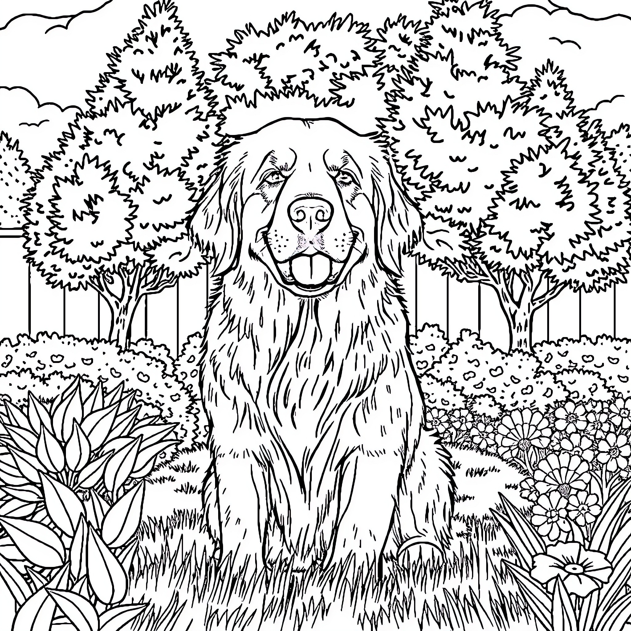 Perro enjoying the lush forest scenery Coloring Page (free black-and-white line drawing printable PDF for all, from beginners to advanced learners, including children, teens, adults, and seniors)