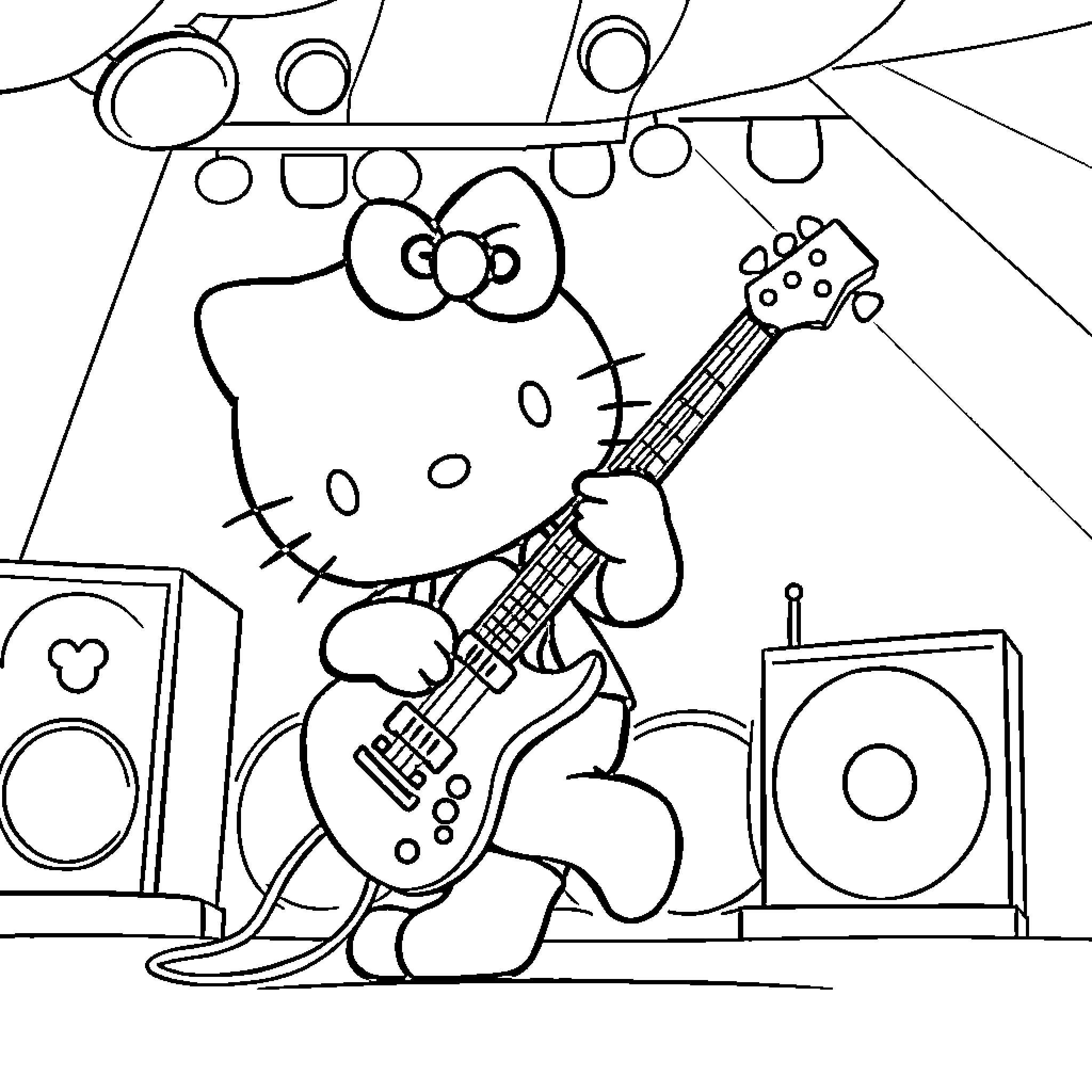 Hello Kitty playing guitar on stage Coloring Page (free black-and-white line drawing printable PDF for all, from beginners to advanced learners, including children, teens, adults, and seniors)