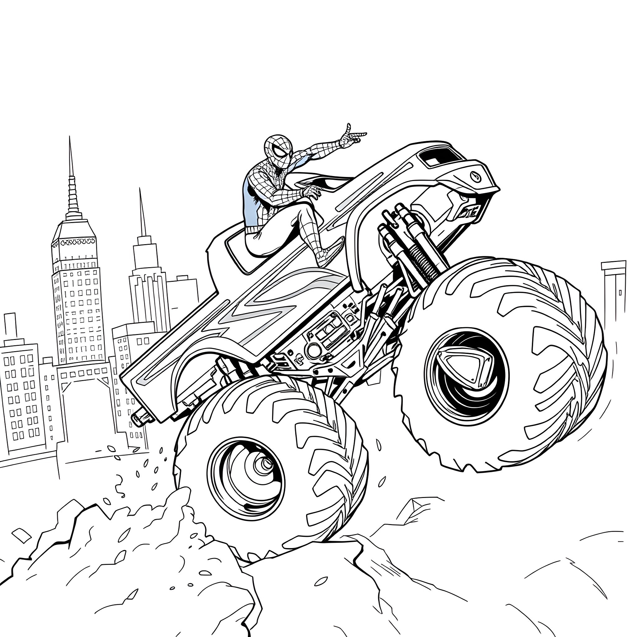 Spider-Man driving a Monster Truck in the city Coloring Page (free black-and-white line drawing printable PDF for all, from beginners to advanced learners, including children, teens, adults, and seniors)